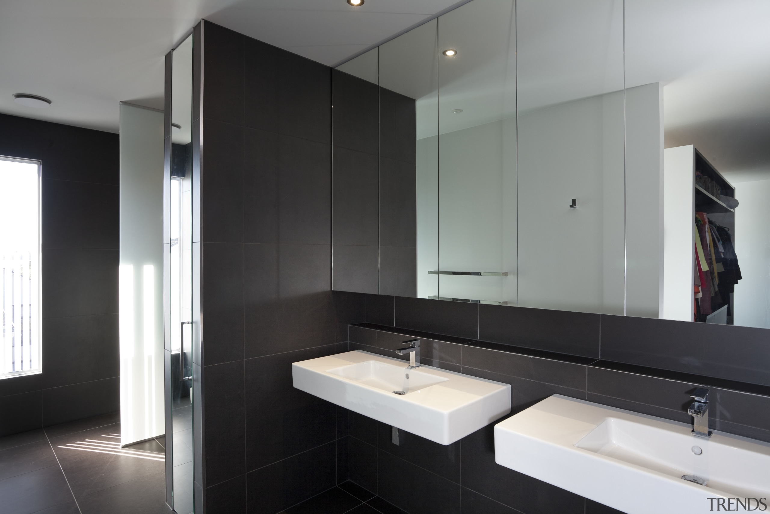 Master bathroom in a new house designed by architecture, bathroom, bathroom accessory, interior design, product design, property, room, sink, gray, black