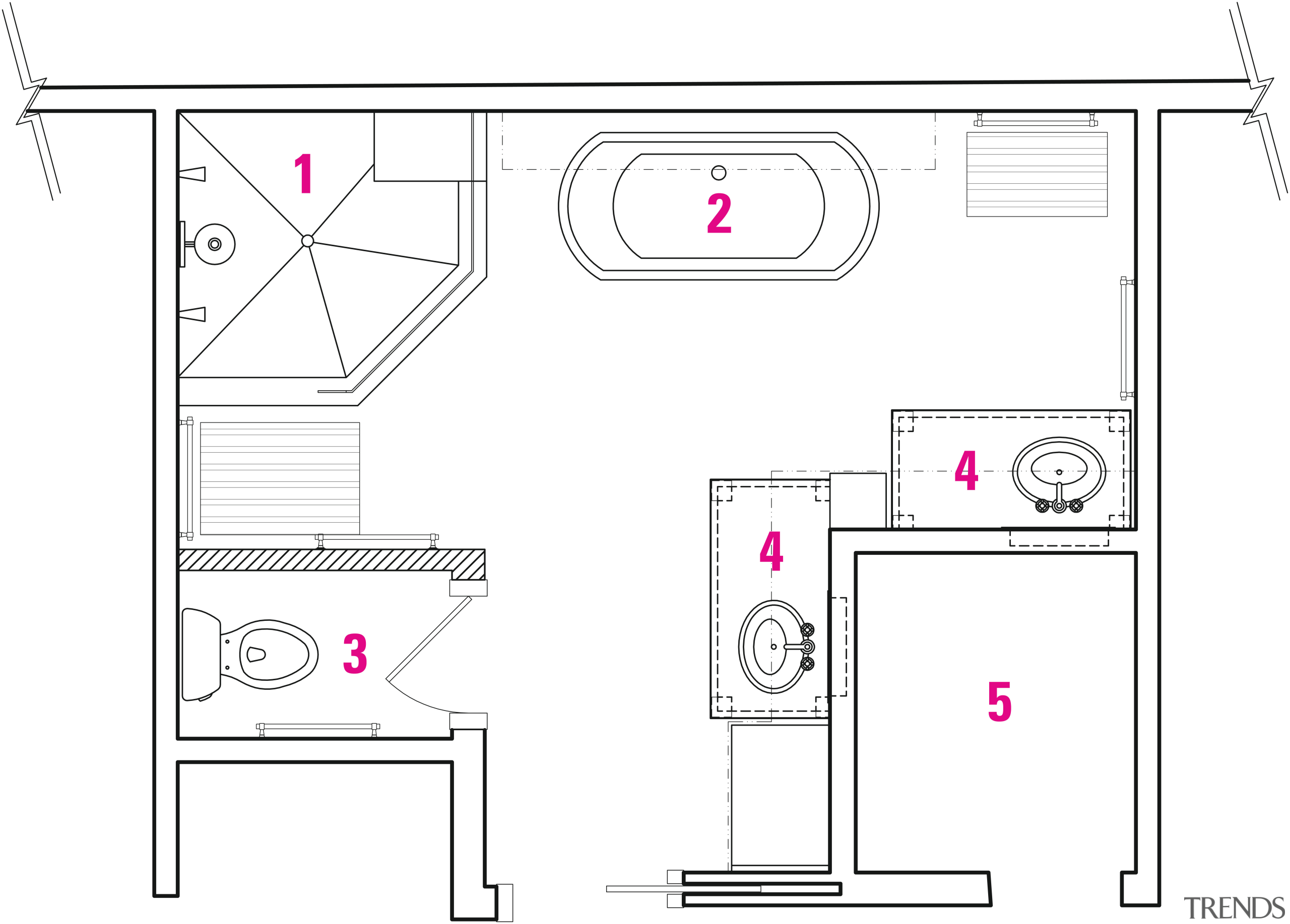 1 shower, 2 jacuzzi, 3 toilet, 4 vanities, area, artwork, design, diagram, drawing, floor plan, font, furniture, line, line art, product, product design, structure, technical drawing, text, white, white