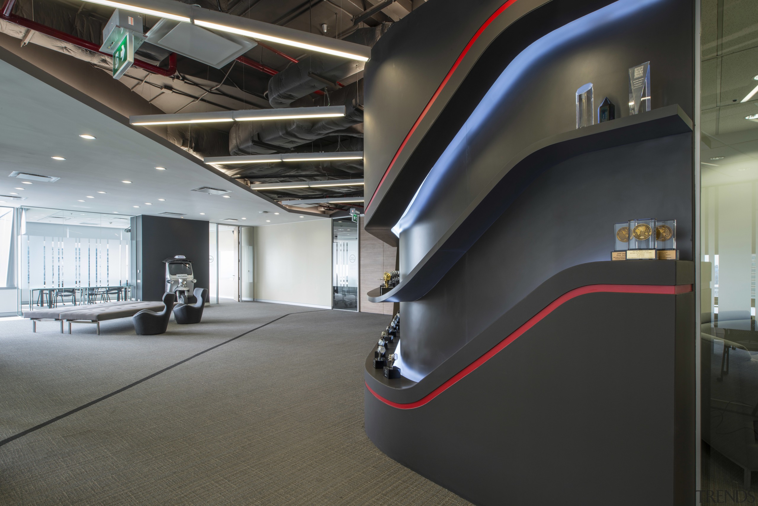 The view from the reception area at McCann architecture, car, public transport, black, gray