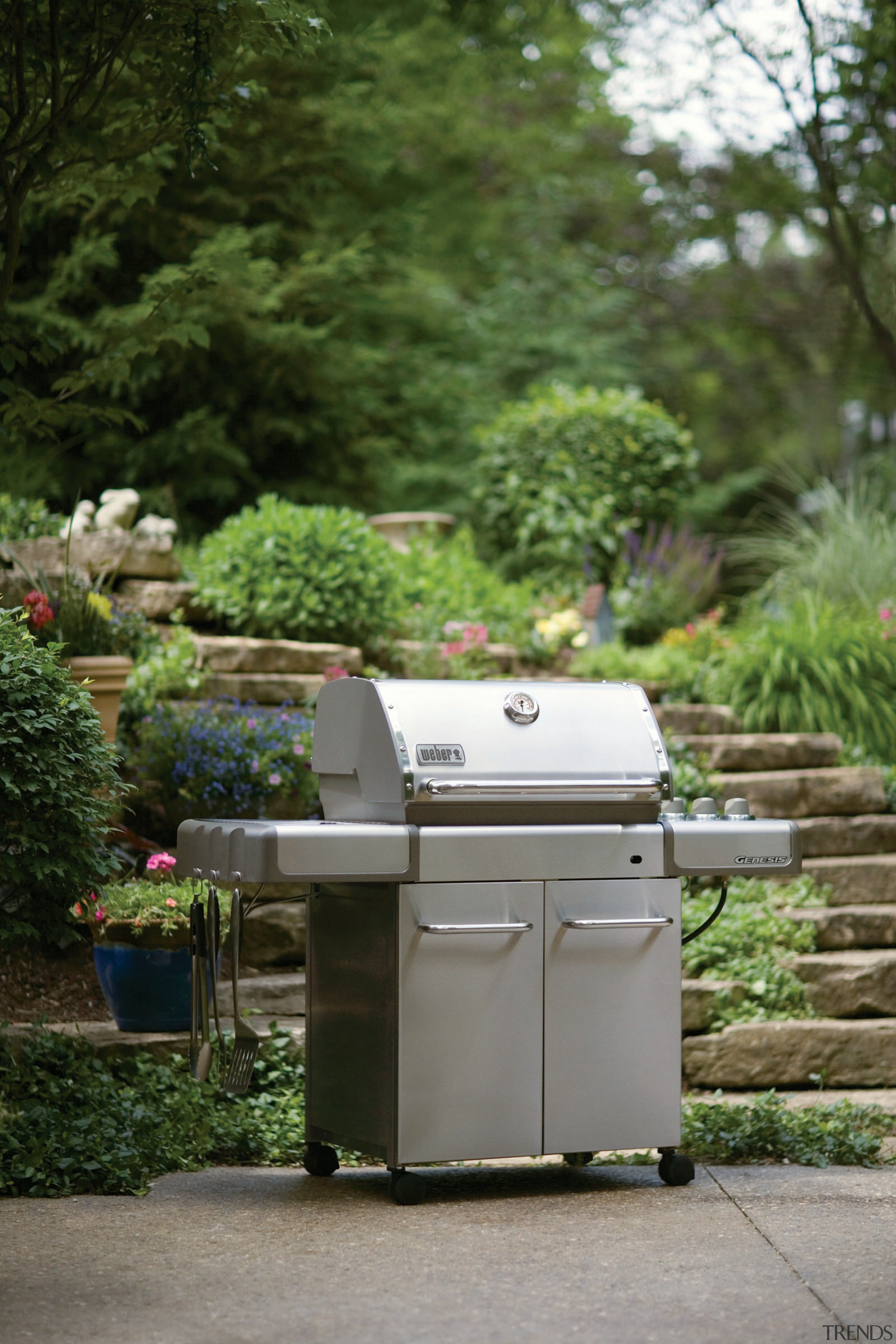 View of a Weber barbeque available from Supreme backyard, furniture, garden, grass, outdoor grill, plant, tree, yard, brown, green, gray