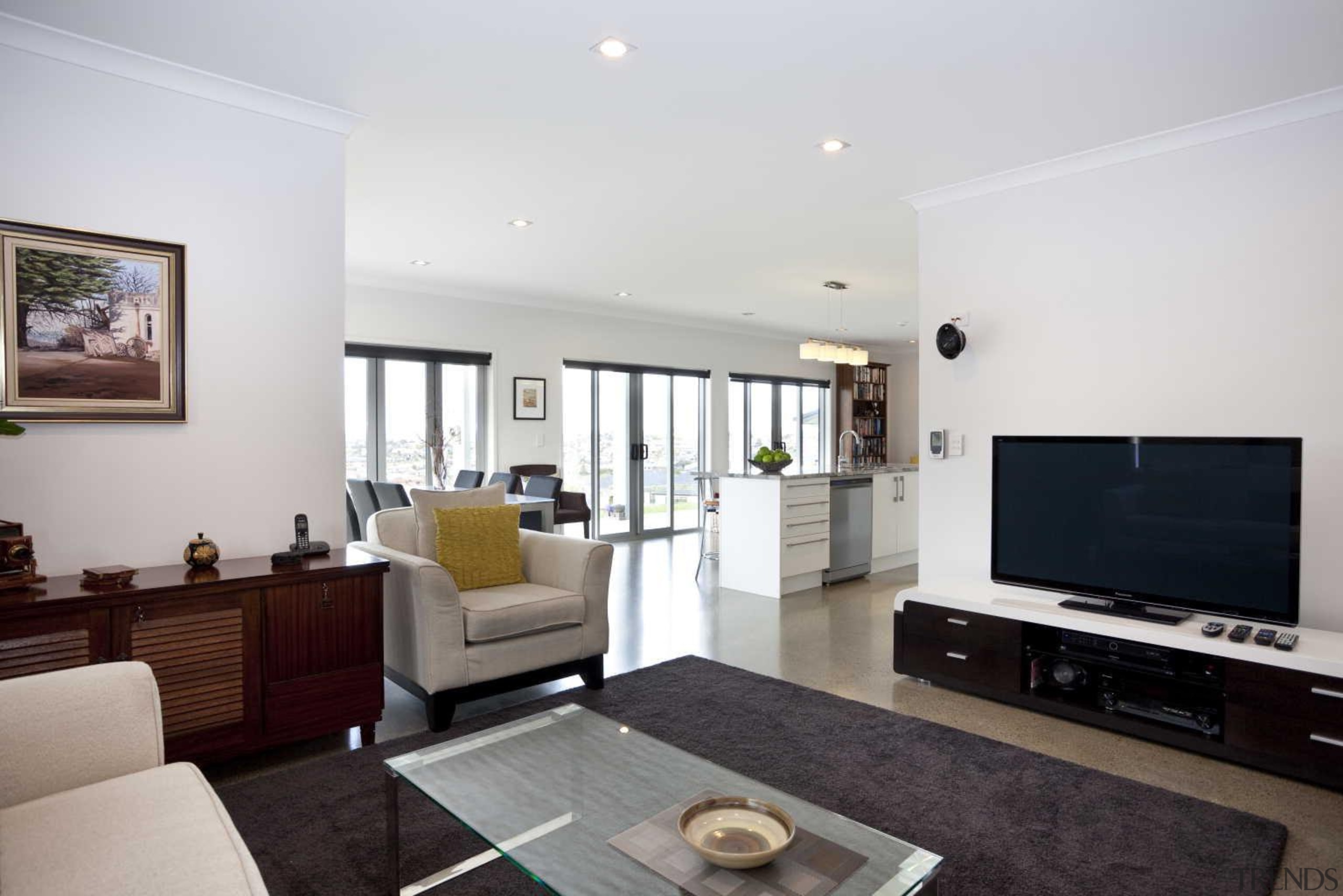 Living room with white sofa and a grey apartment, interior design, living room, property, real estate, room, white