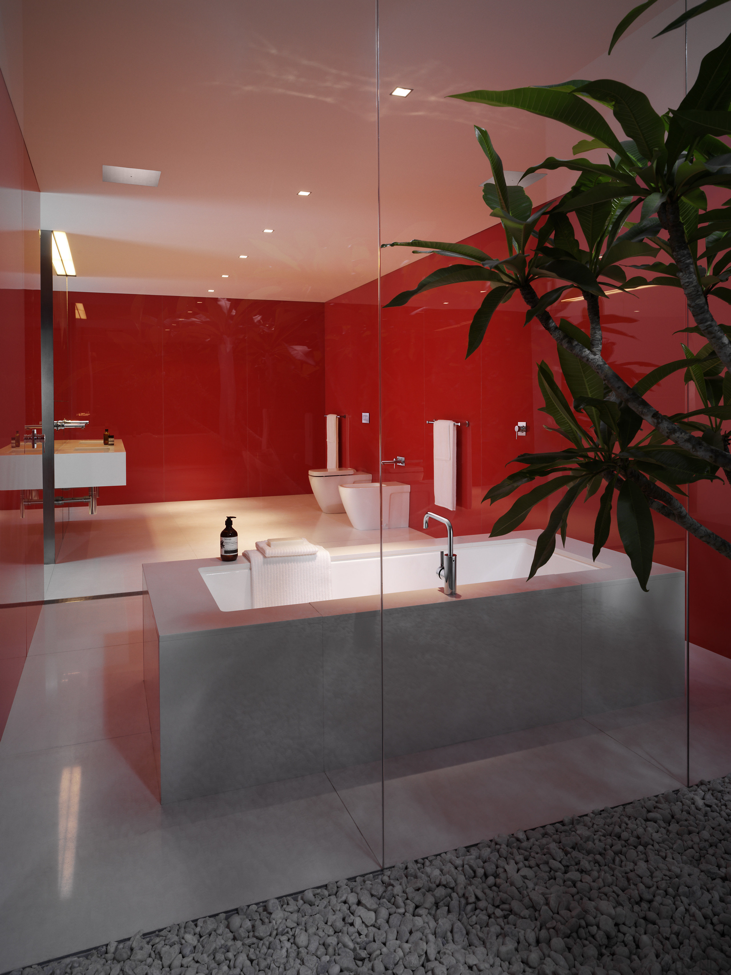 View of a bathroom designed by Ian Moore architecture, bathroom, ceiling, countertop, floor, flooring, glass, house, interior design, product design, room, tile, wall, red, black