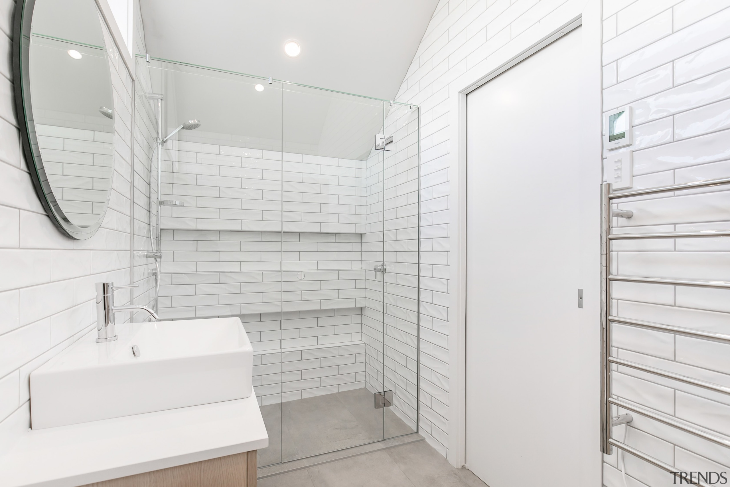 The bathroom ceiling was reconfigured leaving a clean 