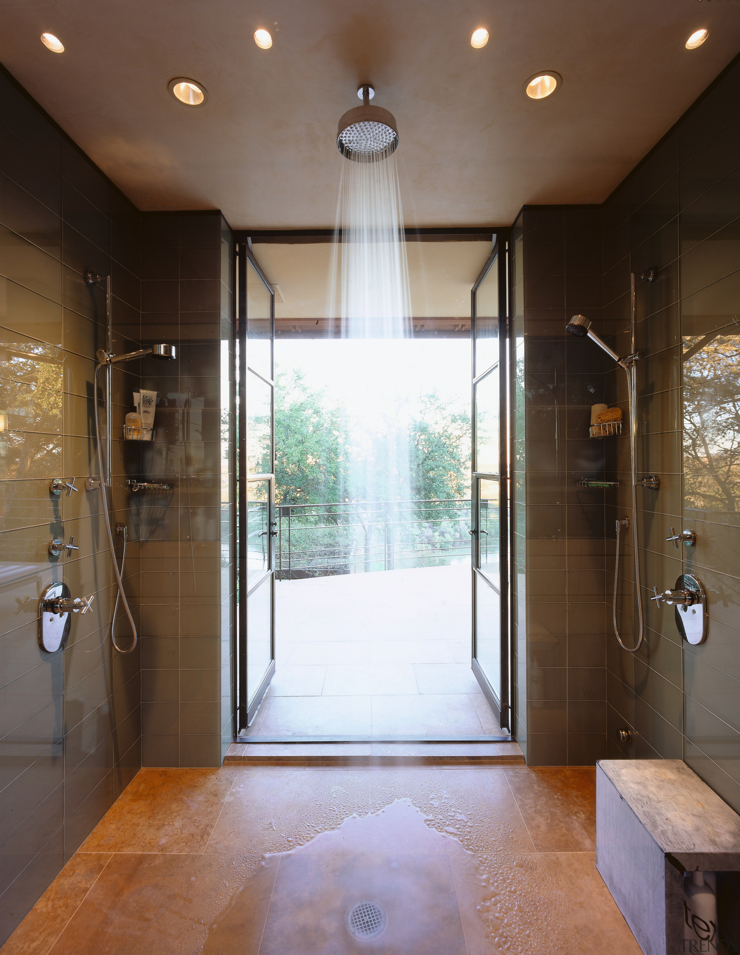 franch doors open directl from the shower enclosure bathroom, ceiling, daylighting, estate, floor, flooring, glass, home, interior design, room, tile, wall, window, brown