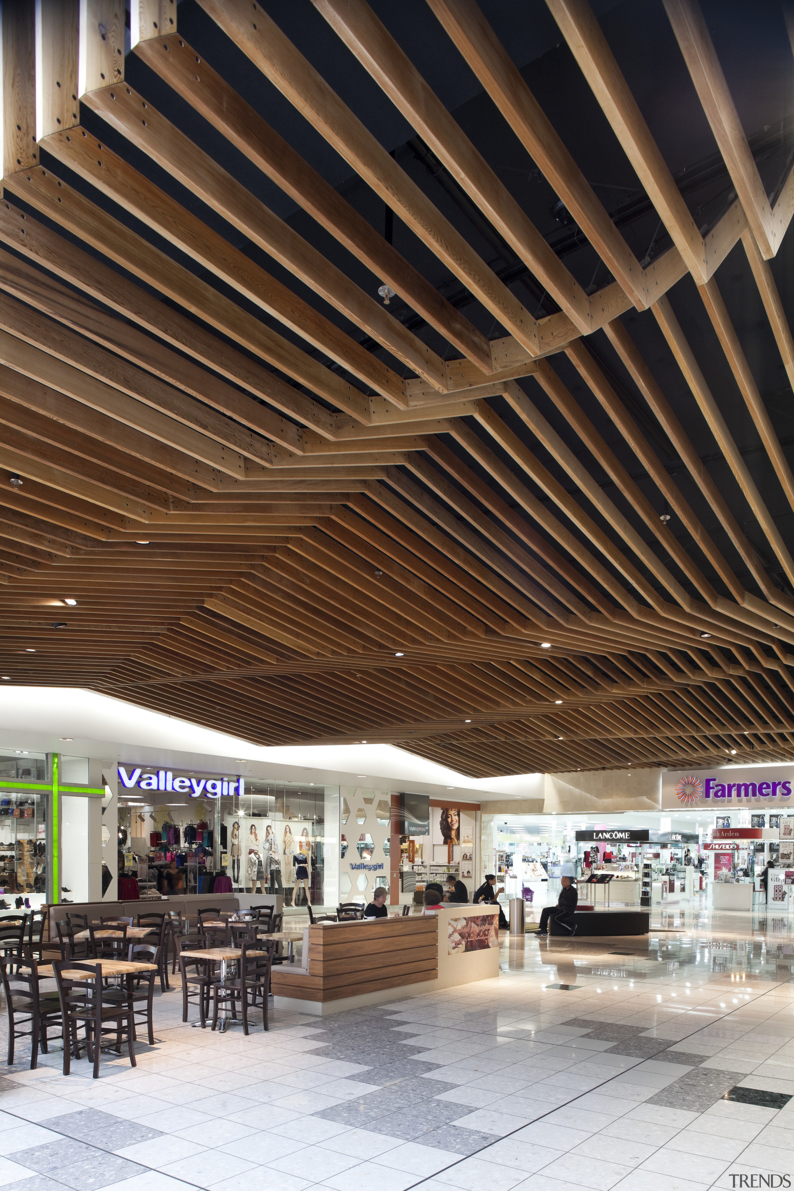 View of ceiling in mall. - View of architecture, ceiling, daylighting, lobby, roof, structure, wood, brown