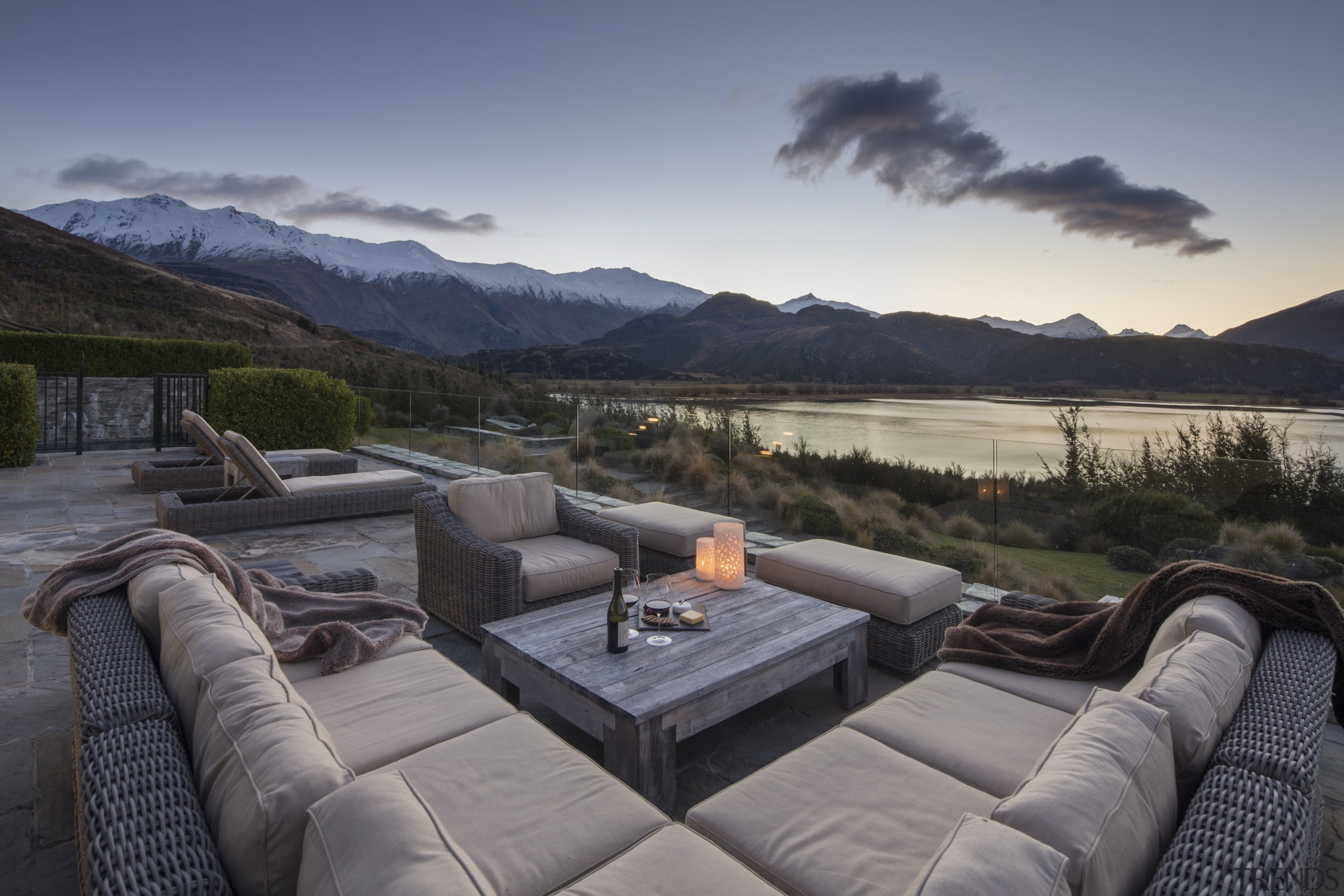 Piwakawaka Point villa, Wanaka, New Zealand - building building, estate, furniture, home, house, interior design, landscape, mountain, natural landscape, property, real estate, room, sky, tree, gray, black