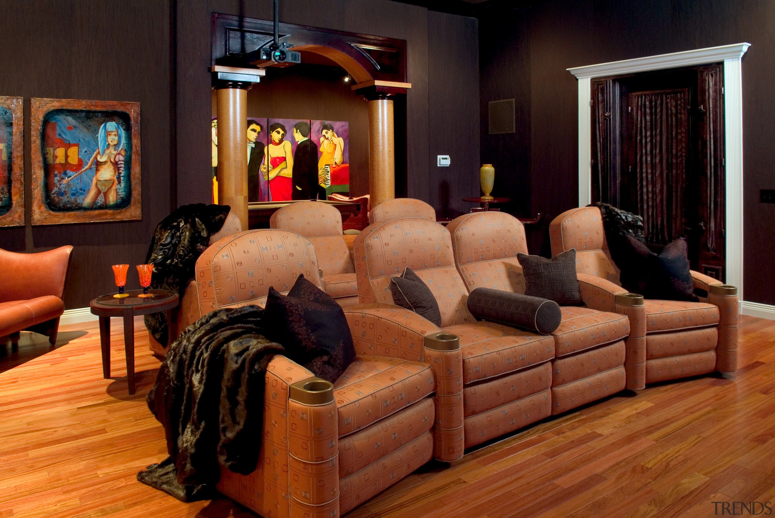 Theater room lazy boy chairs - Theater room floor, flooring, furniture, hardwood, home, interior design, living room, room, wood, black, brown