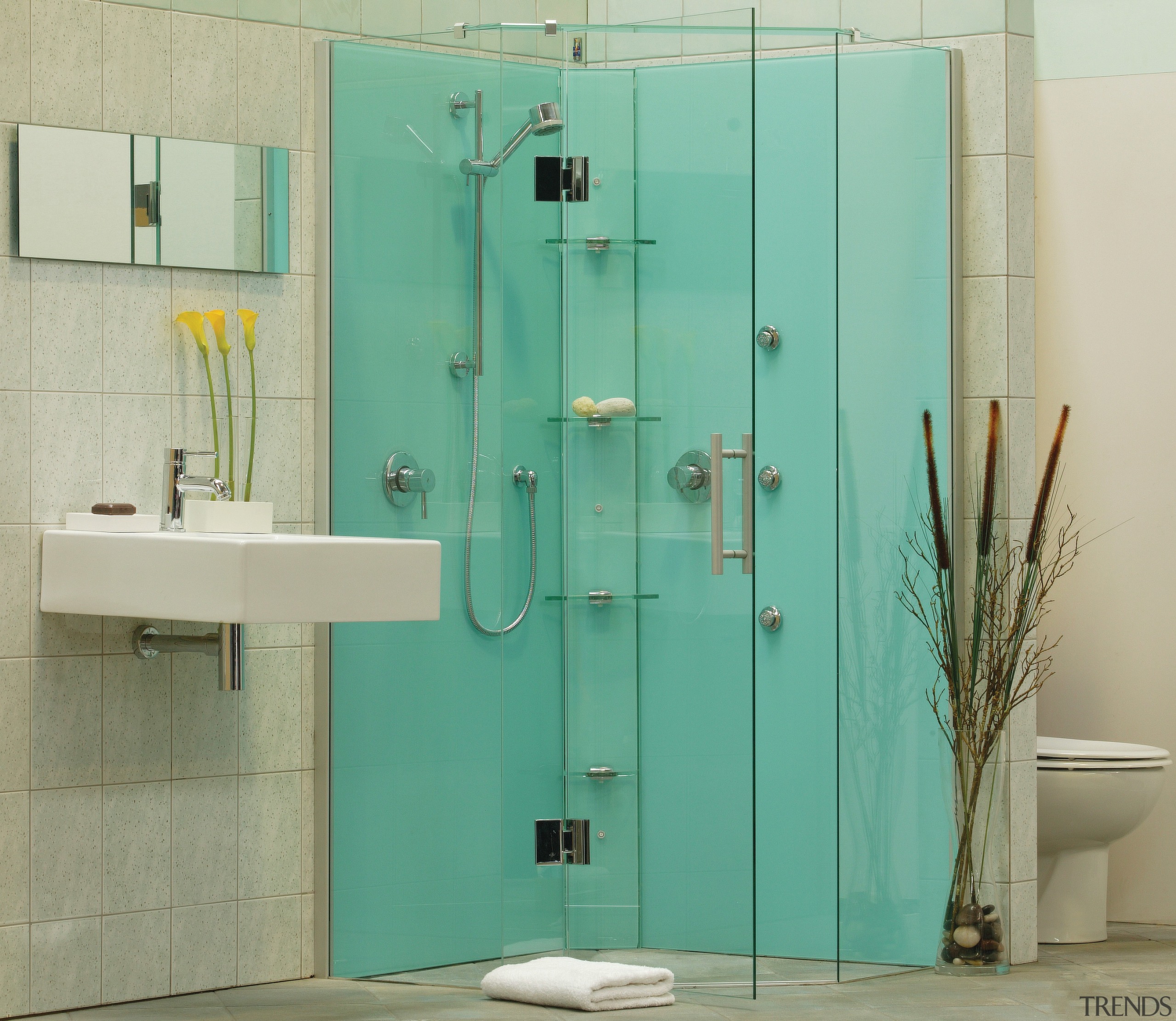 The view of a shower - The view bathroom, plumbing fixture, shower, shower door, teal, yellow