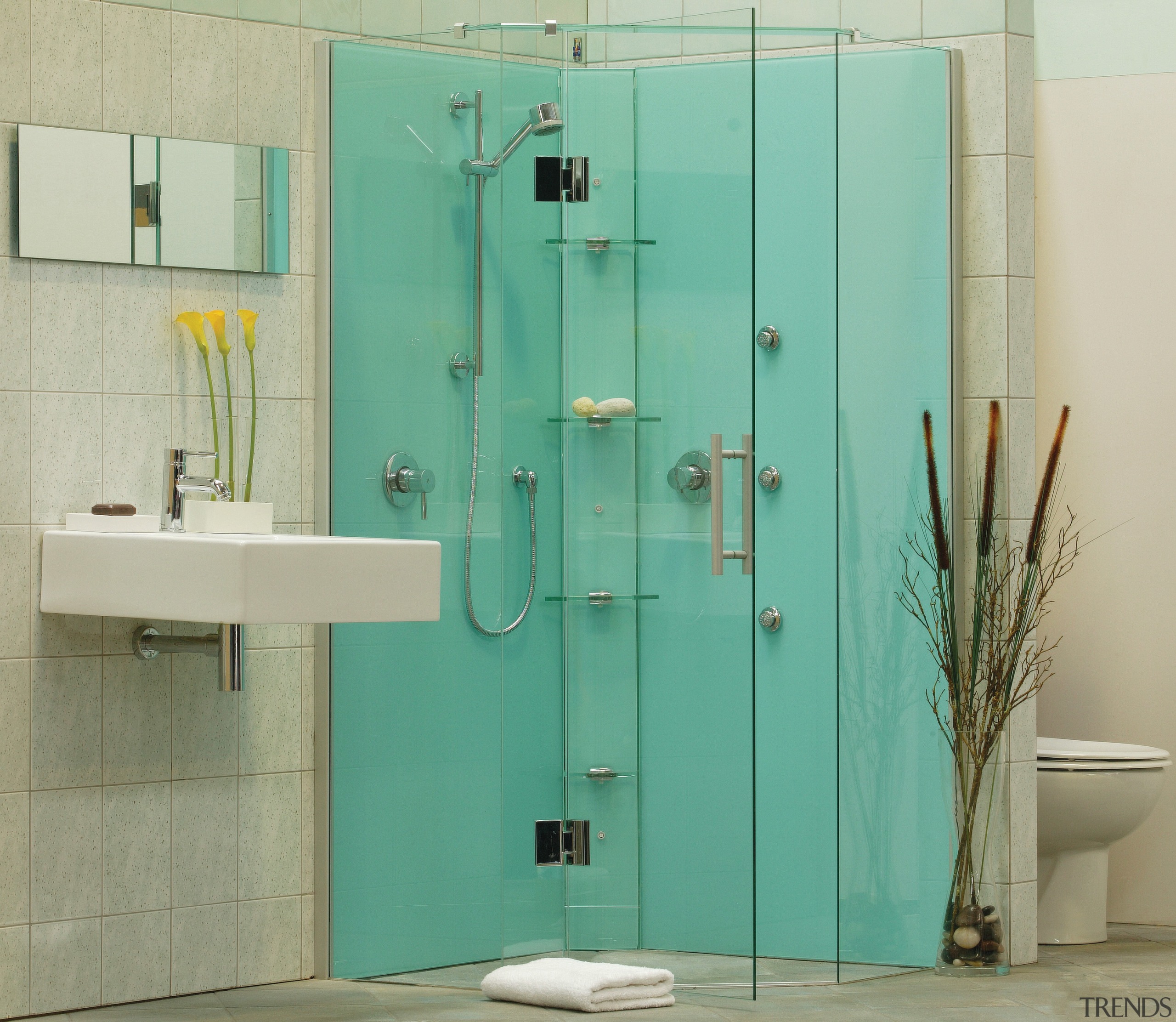 The view of a shower - The view bathroom, plumbing fixture, shower, shower door, teal, yellow