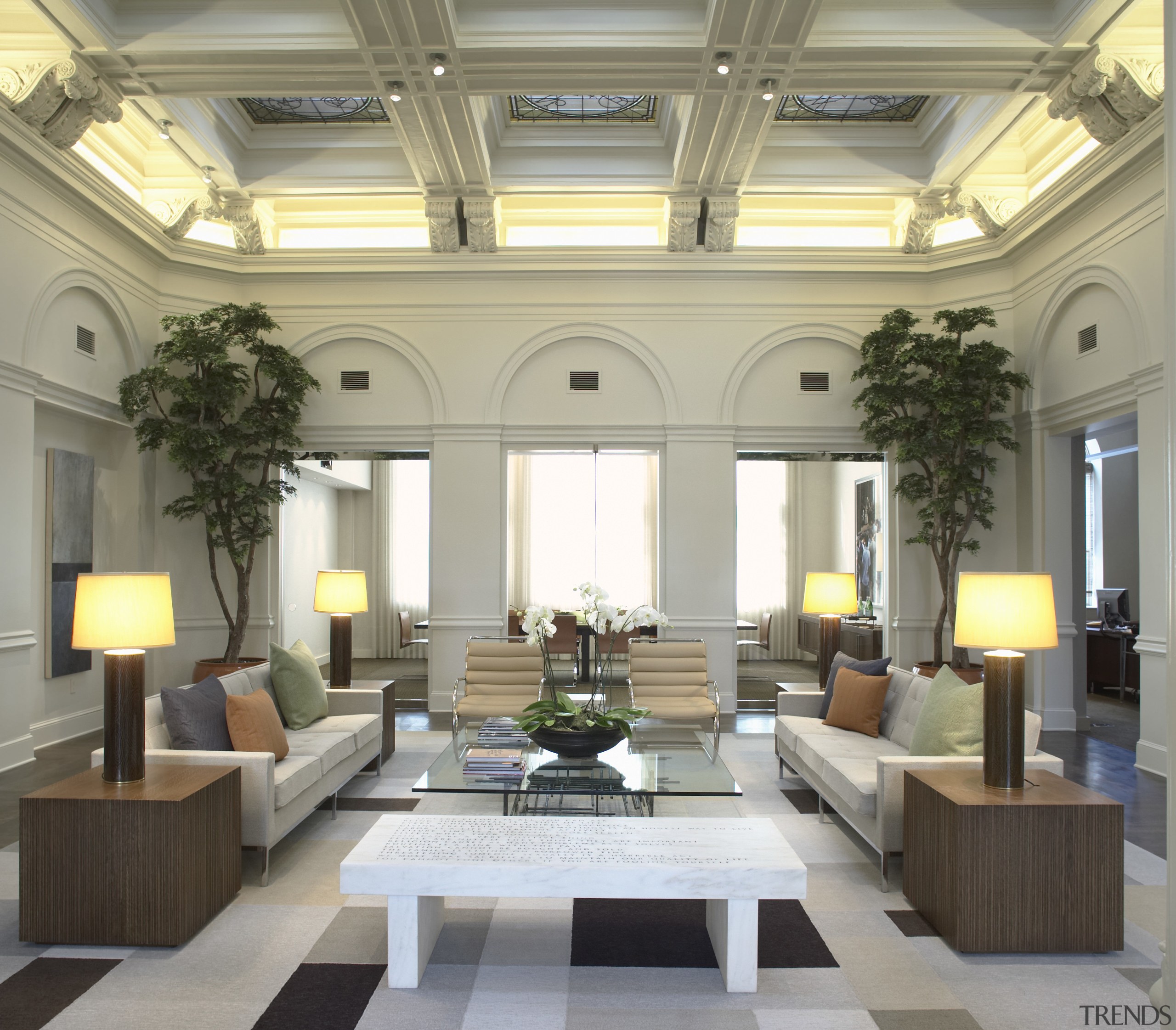 View of informal meeting areas which feature custom ceiling, daylighting, estate, interior design, living room, lobby, window, gray