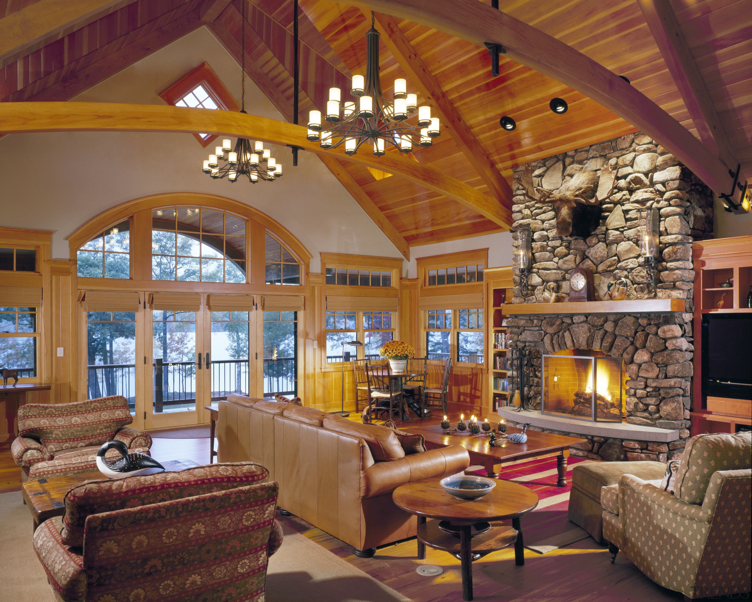 View of living space featuring antique heart pine ceiling, estate, home, interior design, living room, real estate, room, wood, brown