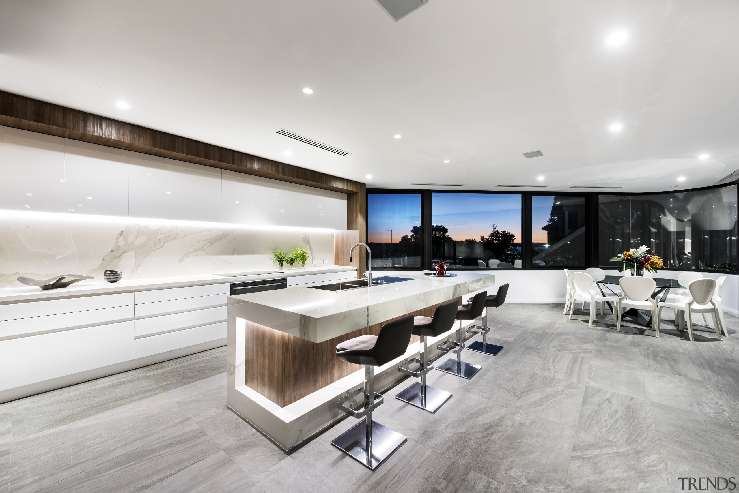 Kitchen plus view – contemporary new home by floor, interior design, kitchen, gray