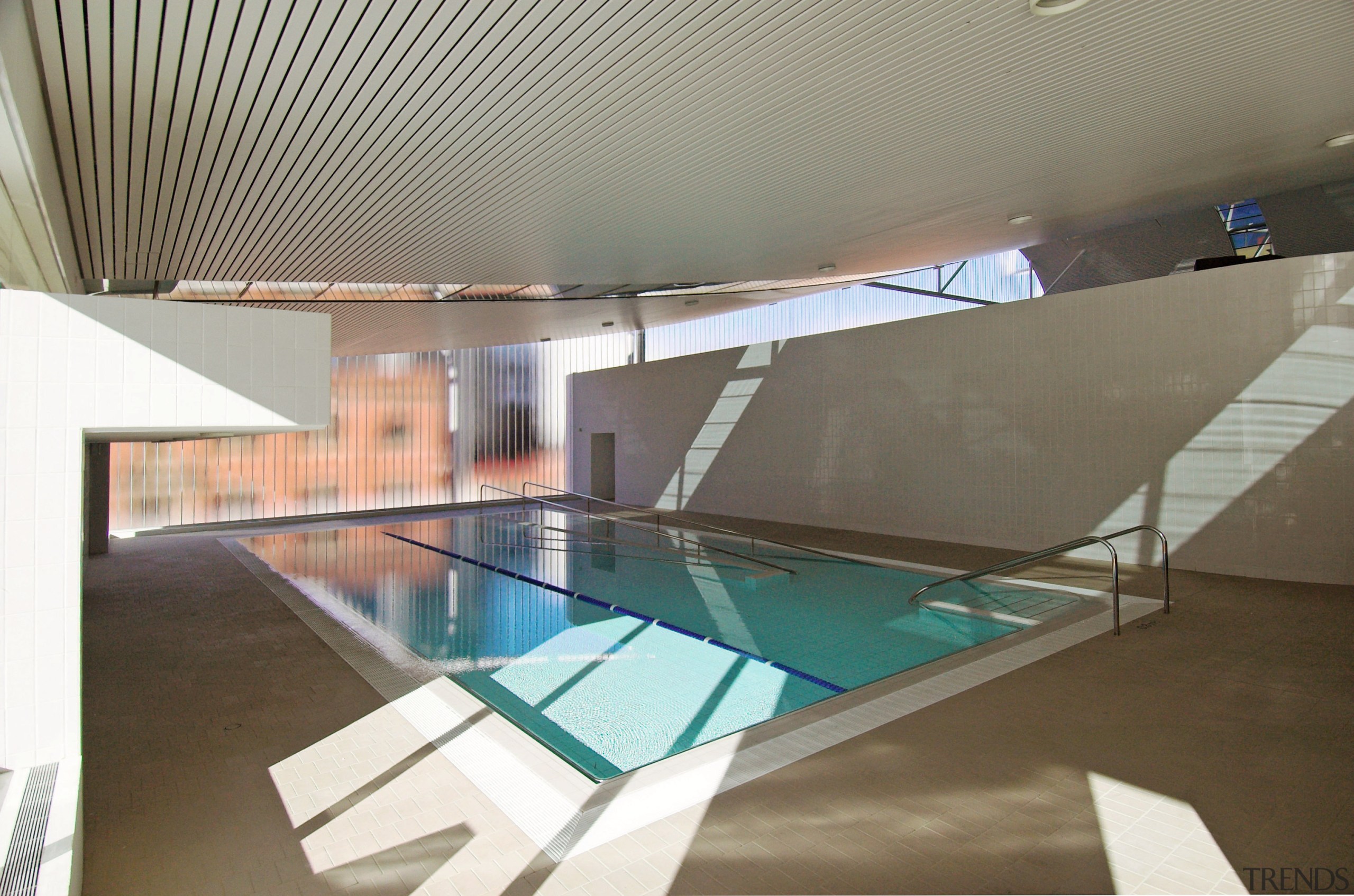 A view of the Interior of the Ian architecture, ceiling, daylighting, glass, house, interior design, leisure centre, property, real estate, swimming pool, gray