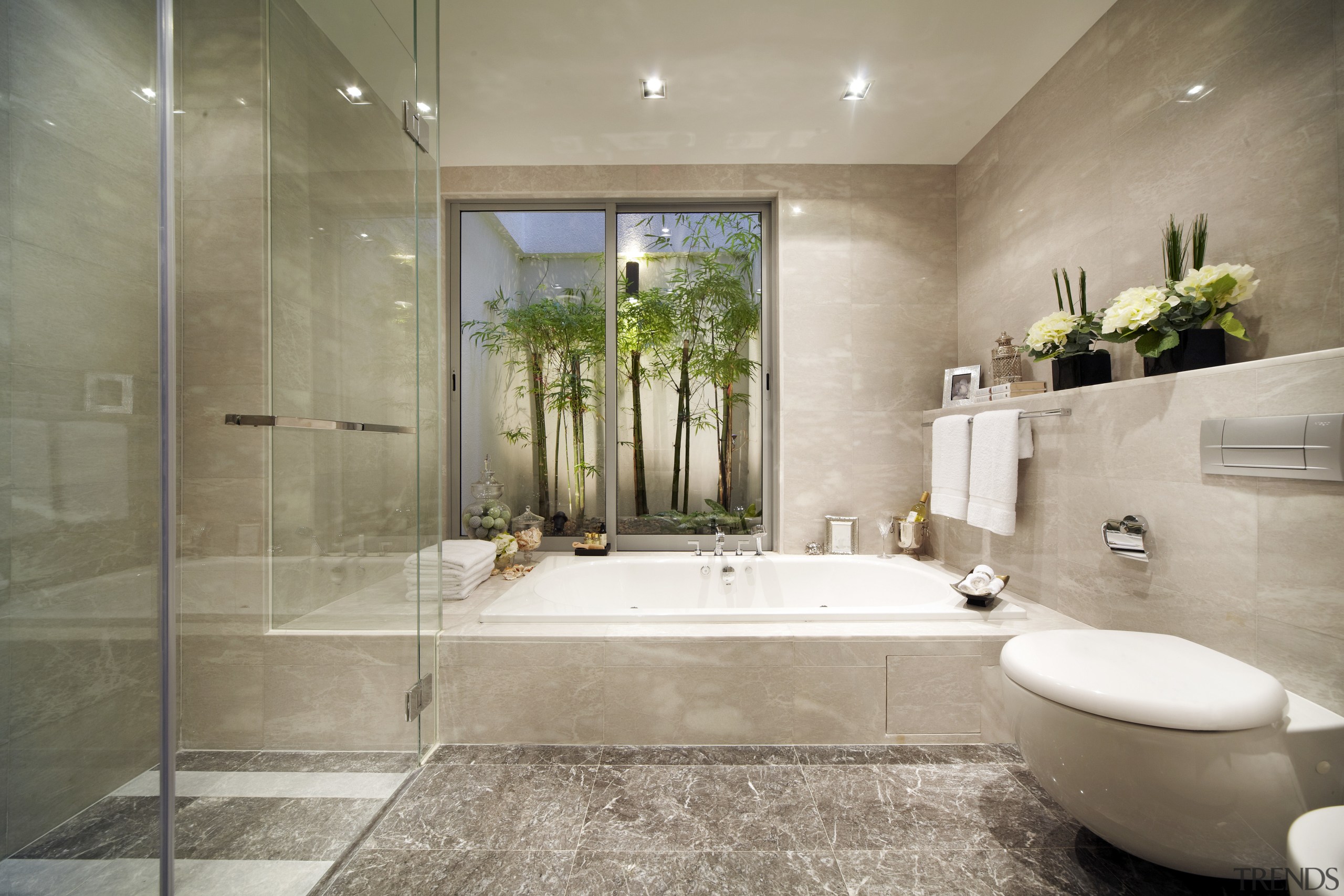 A landscaped garden outside this glamorous master suite architecture, bathroom, estate, floor, home, interior design, property, real estate, room, tile, gray, brown