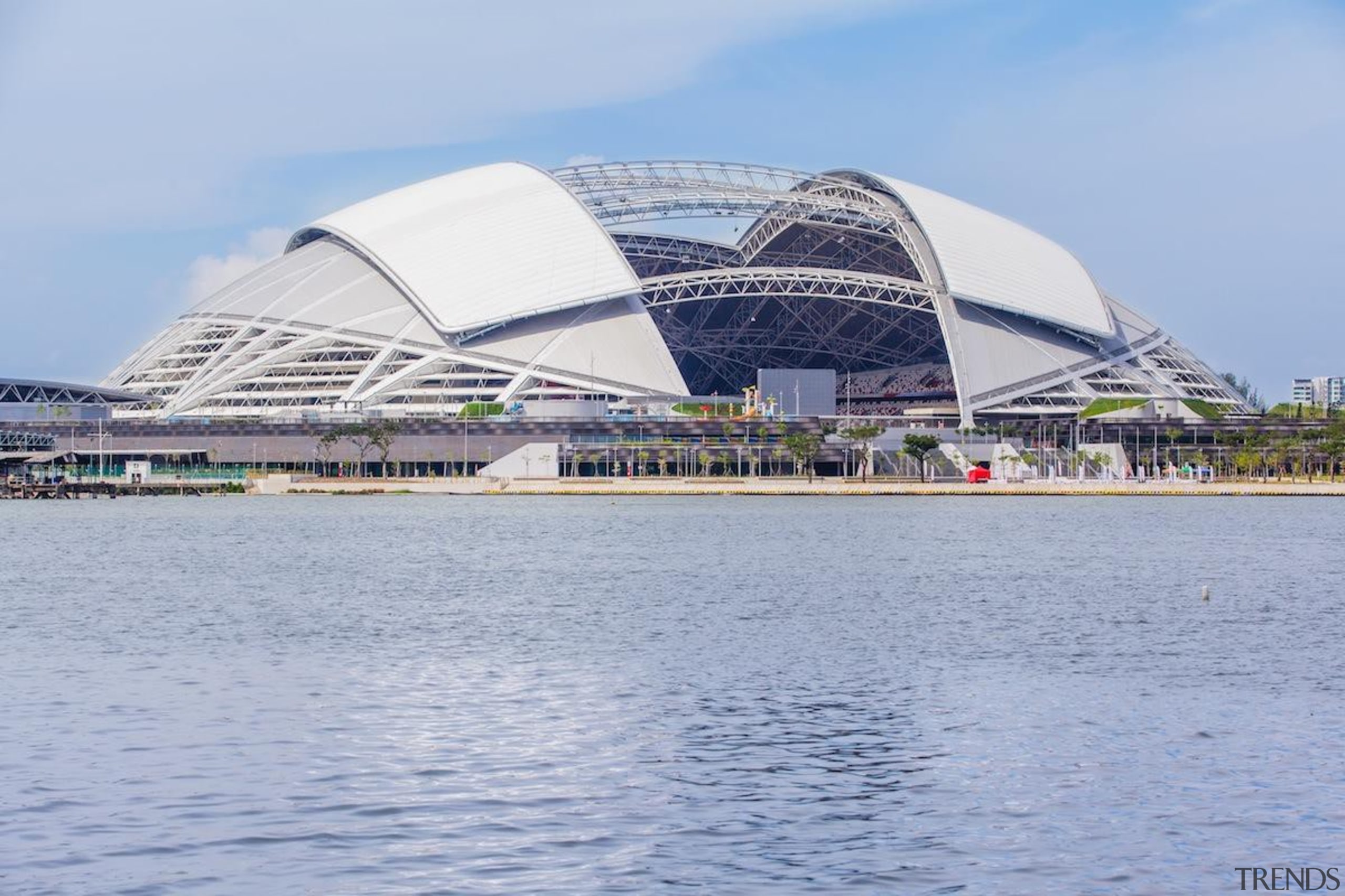 Singapore-based engineering company MHE-Demag provided the roof moving daytime, opera house, sky, sport venue, structure, waterway, teal