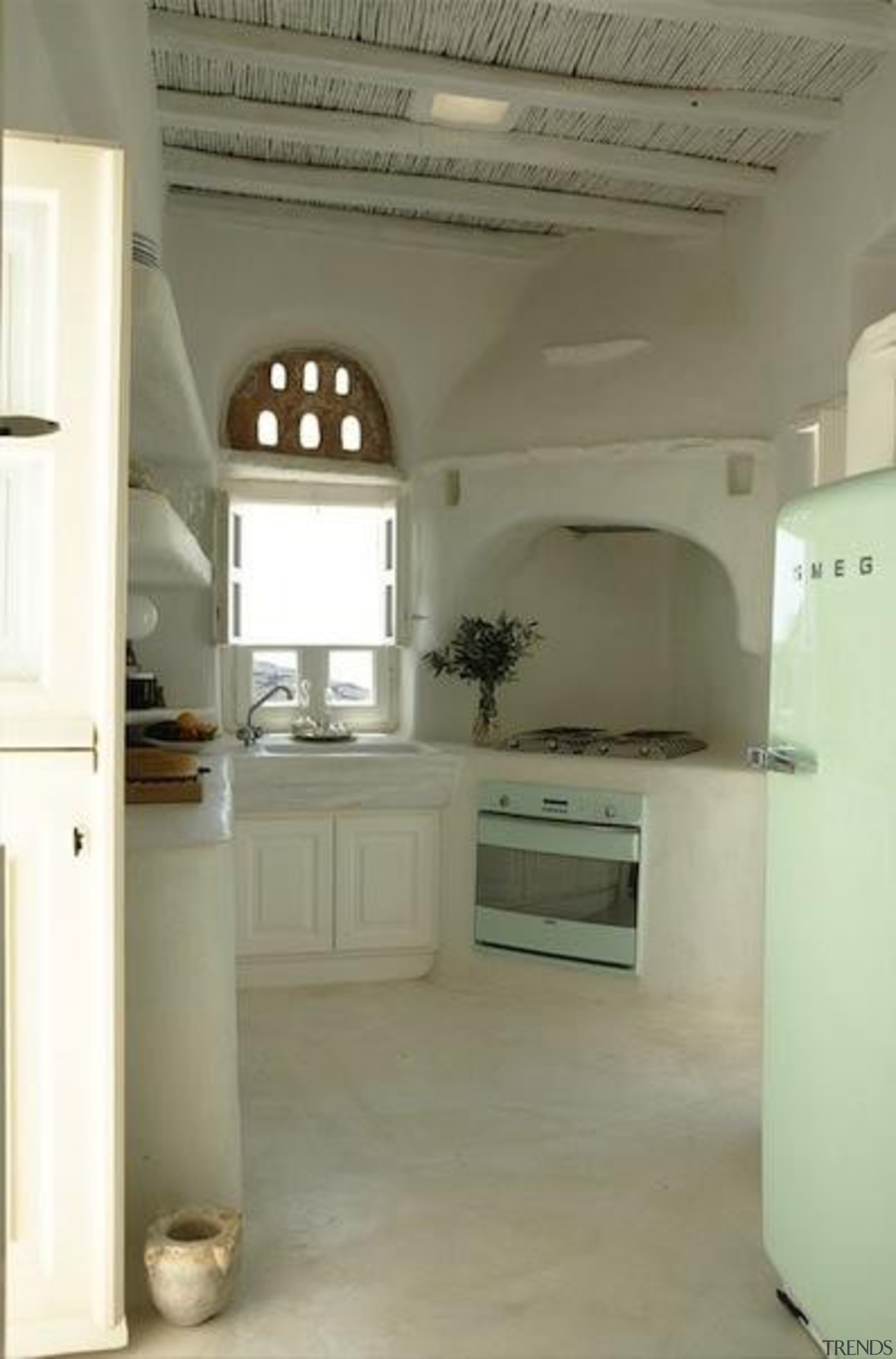 Little Greek style kitchen with a touch of cabinetry, ceiling, cuisine classique, floor, flooring, home, home appliance, interior design, kitchen, room, brown