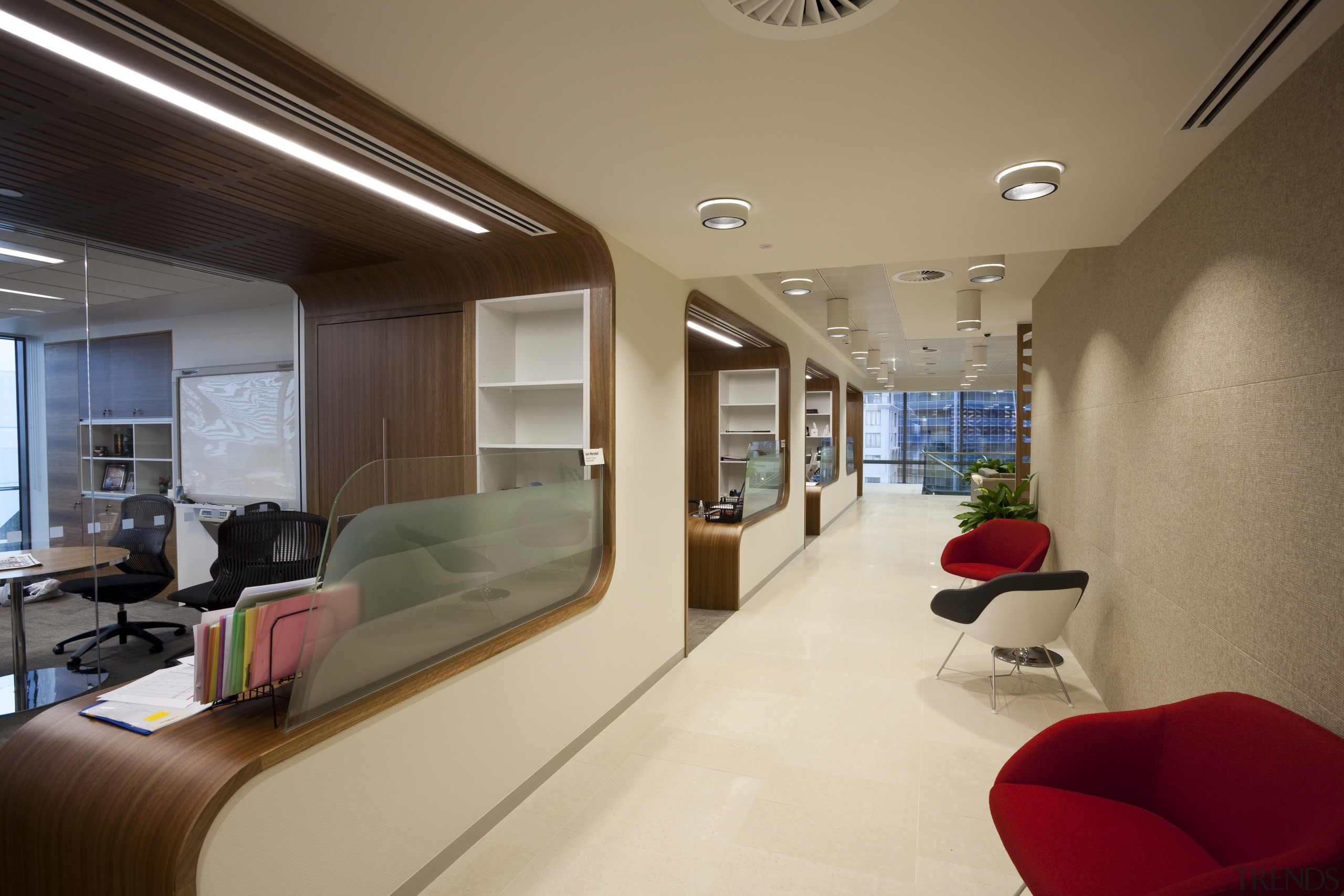 View of the Westpac head office at the ceiling, interior design, office, brown, orange