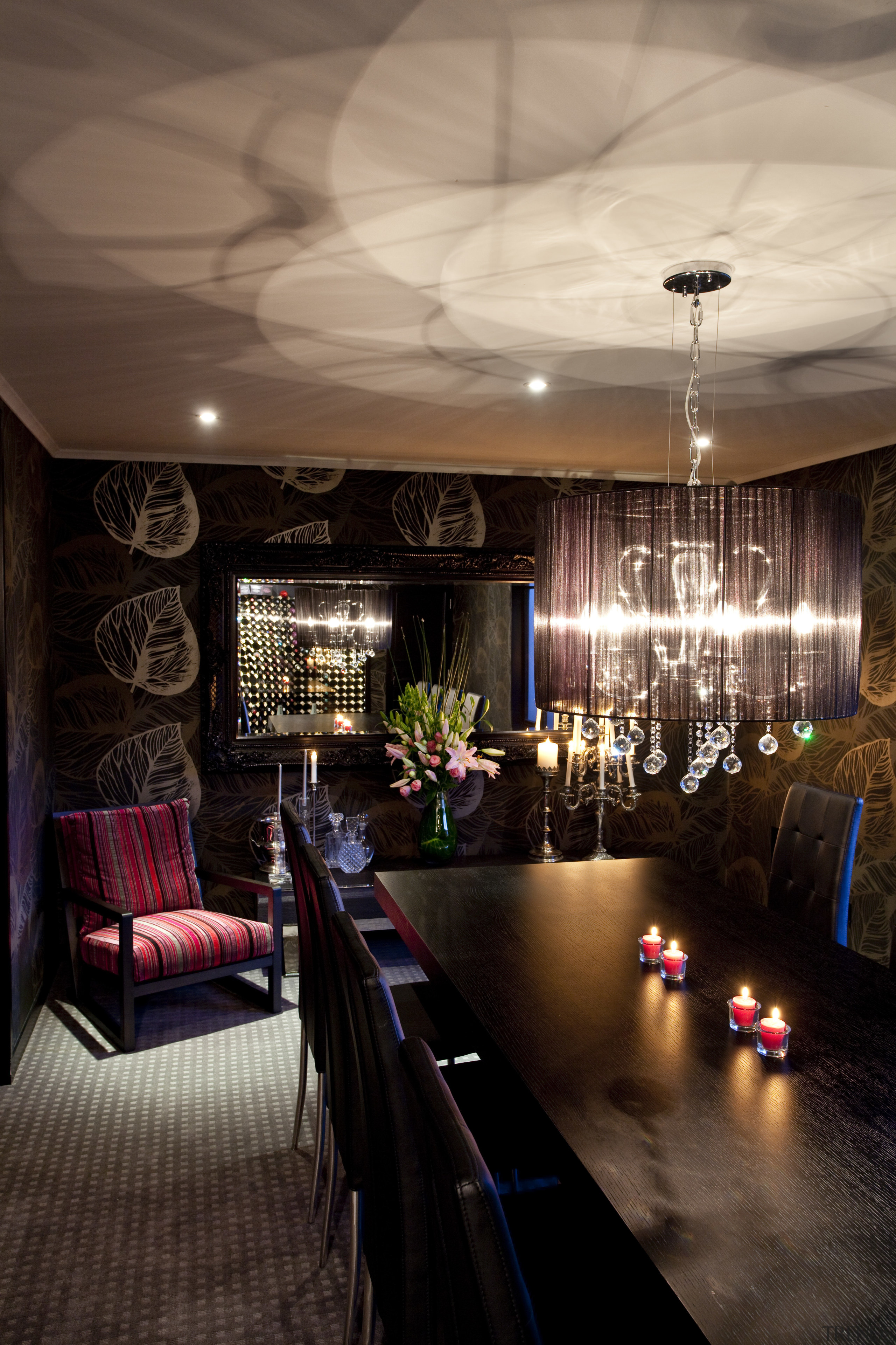 Kitchen designed by Leonie Von Sturmer of Von ceiling, ceremony, function hall, home, interior design, light fixture, lighting, lobby, restaurant, room, table, brown, black