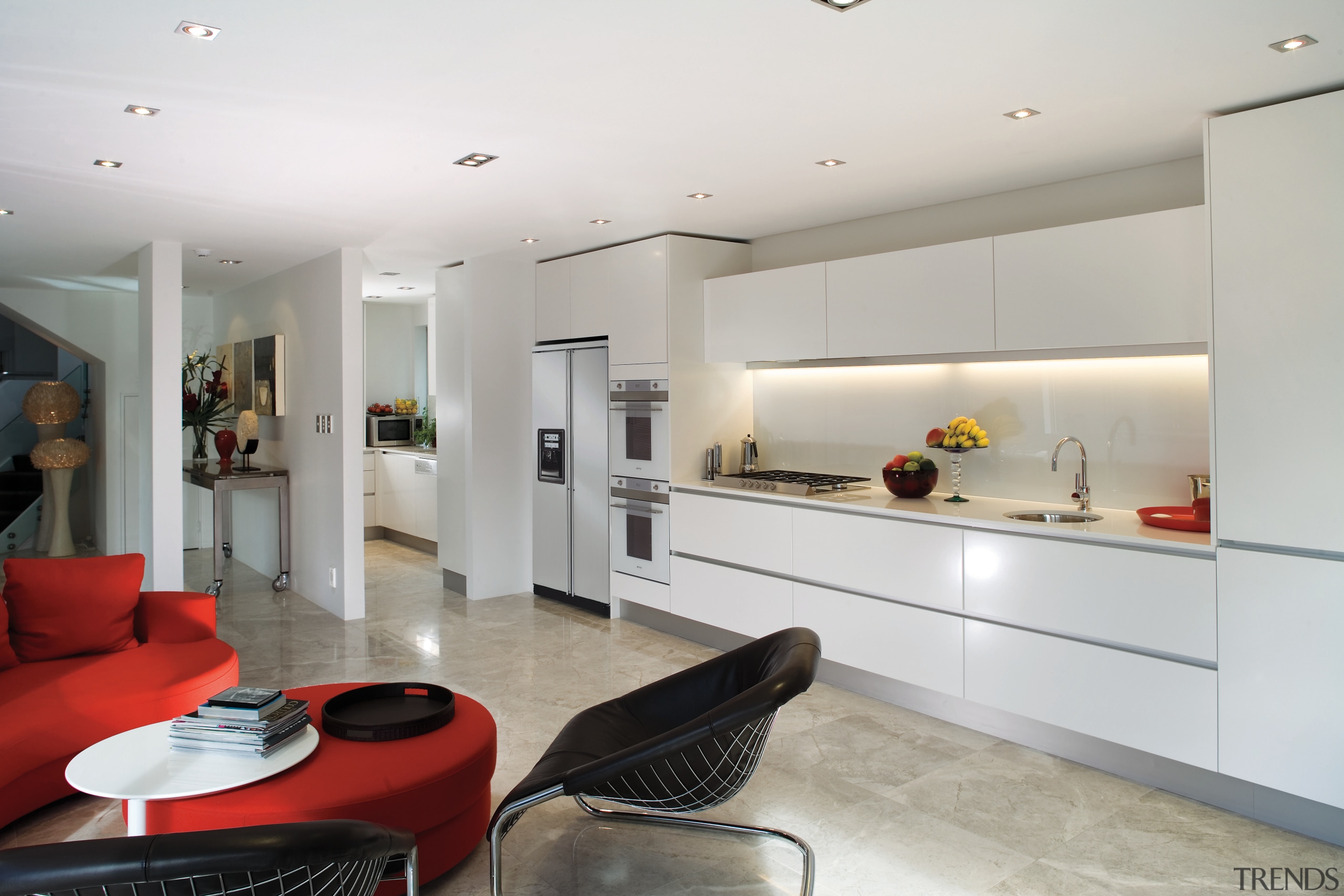 A view of this kitchen featuring the latest ceiling, floor, interior design, kitchen, living room, real estate, room, gray