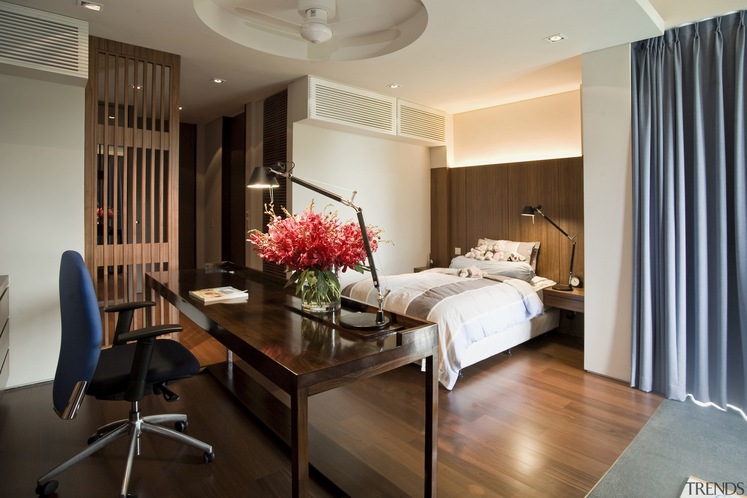 View of a bedroom with study nook, bed ceiling, home, interior design, living room, real estate, room, suite, gray, brown