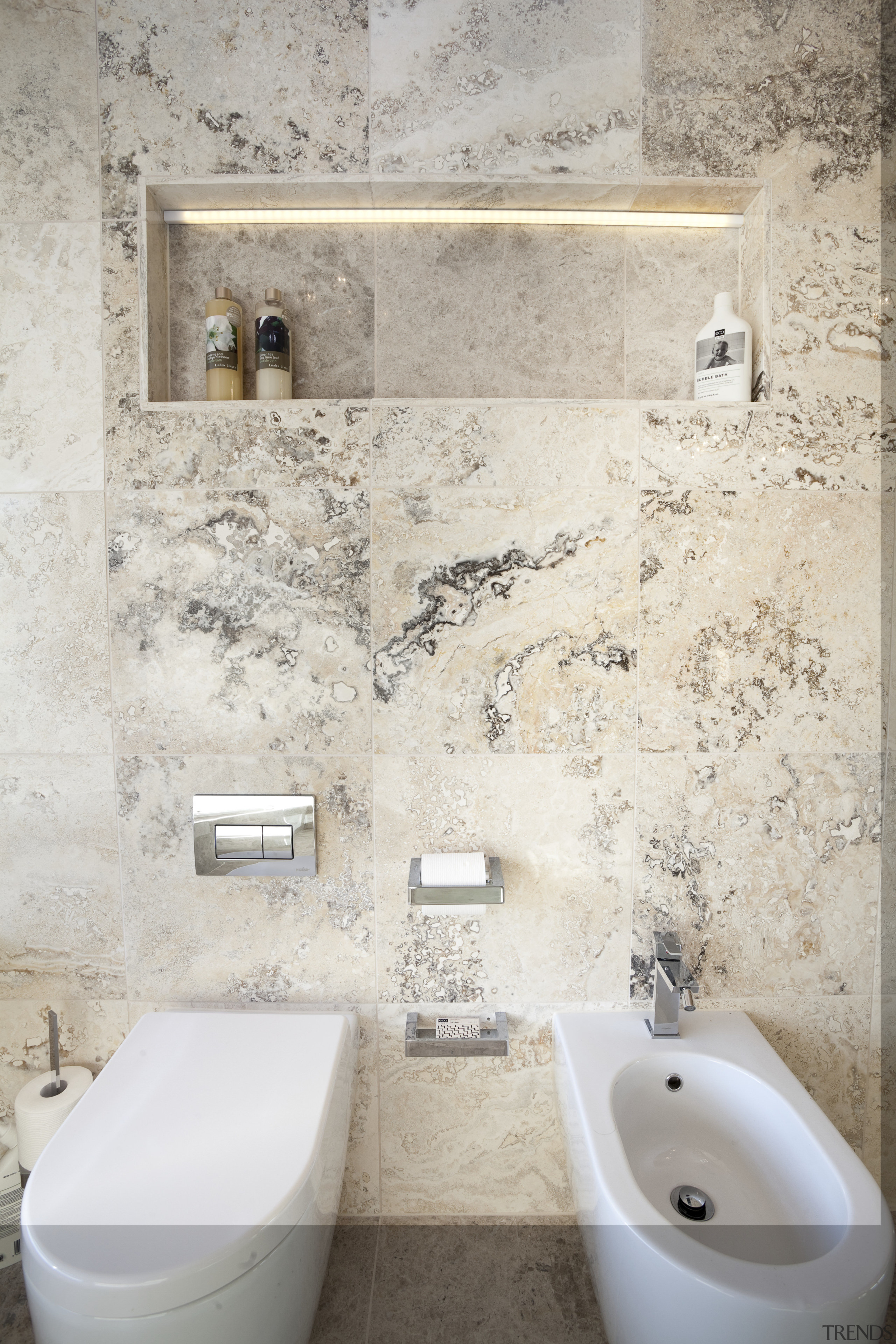 This bathroom was designed by Jalna Eve Design bathroom, bidet, ceramic, floor, interior design, plumbing fixture, room, tap, tile, toilet, toilet seat, wall, gray