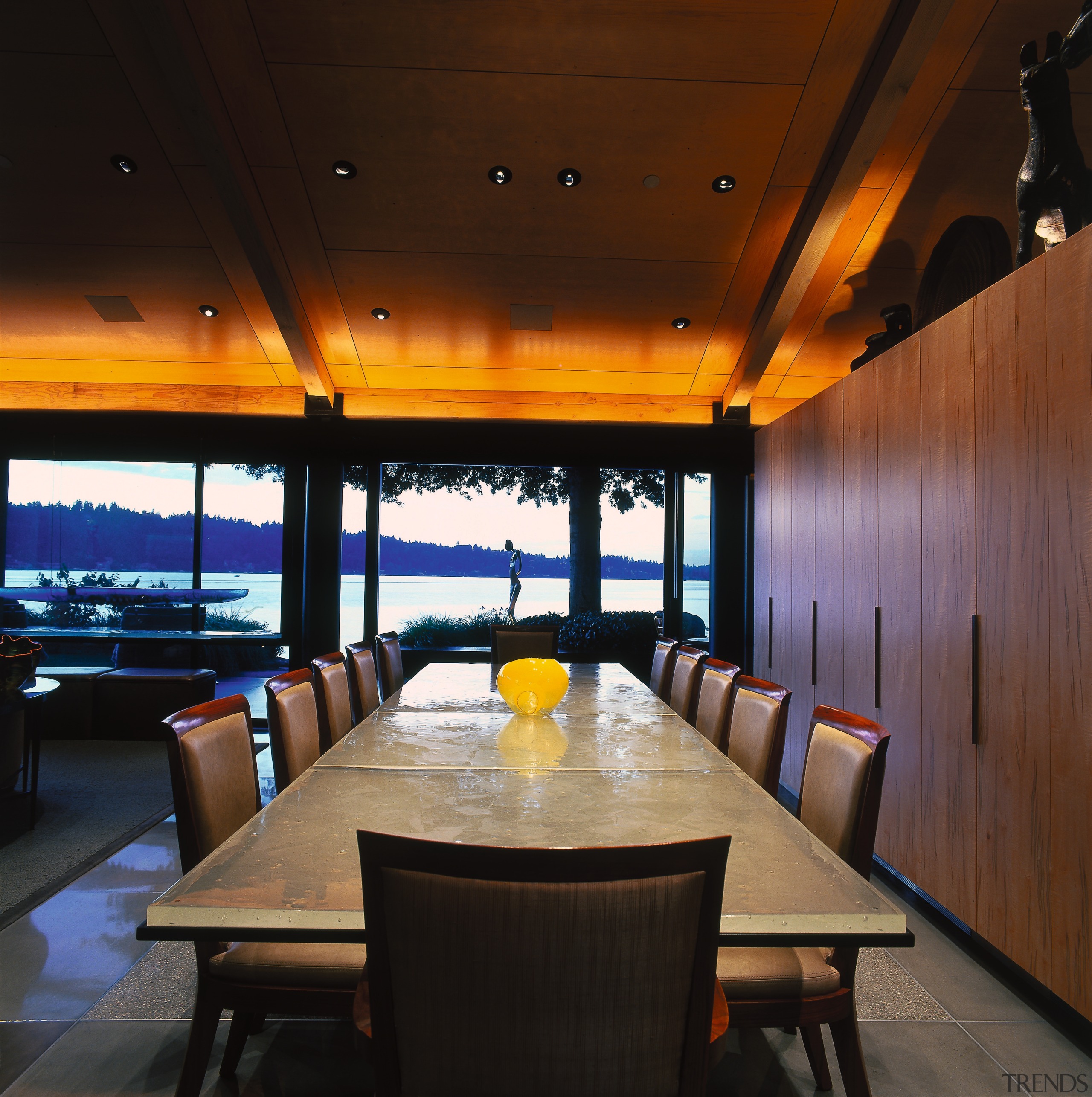 View of the formal dining area of this architecture, ceiling, dining room, interior design, restaurant, table, black, brown