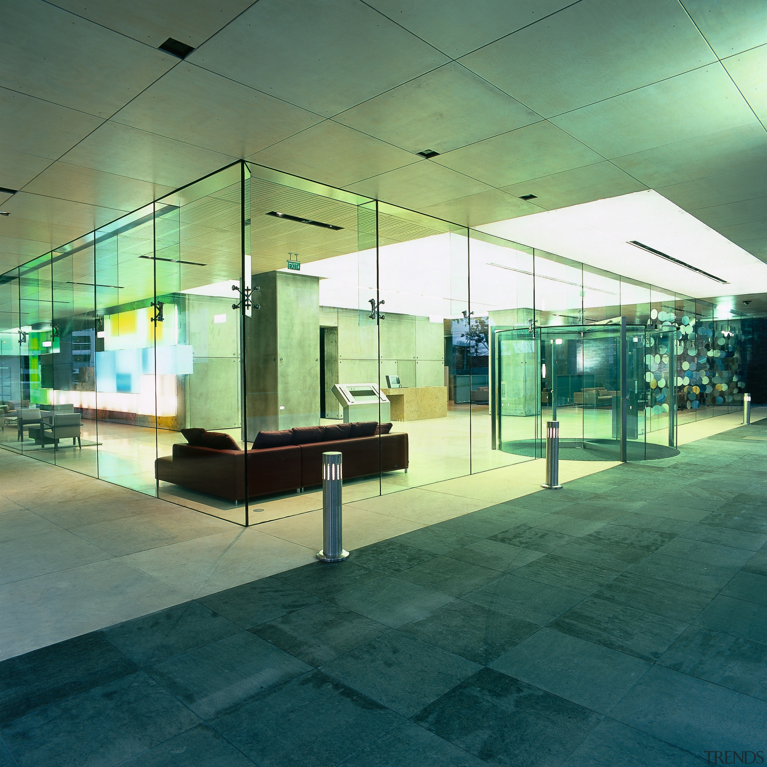 view of the lumley foyer that is encased architecture, ceiling, daylighting, floor, glass, interior design, leisure centre, lobby, green, teal