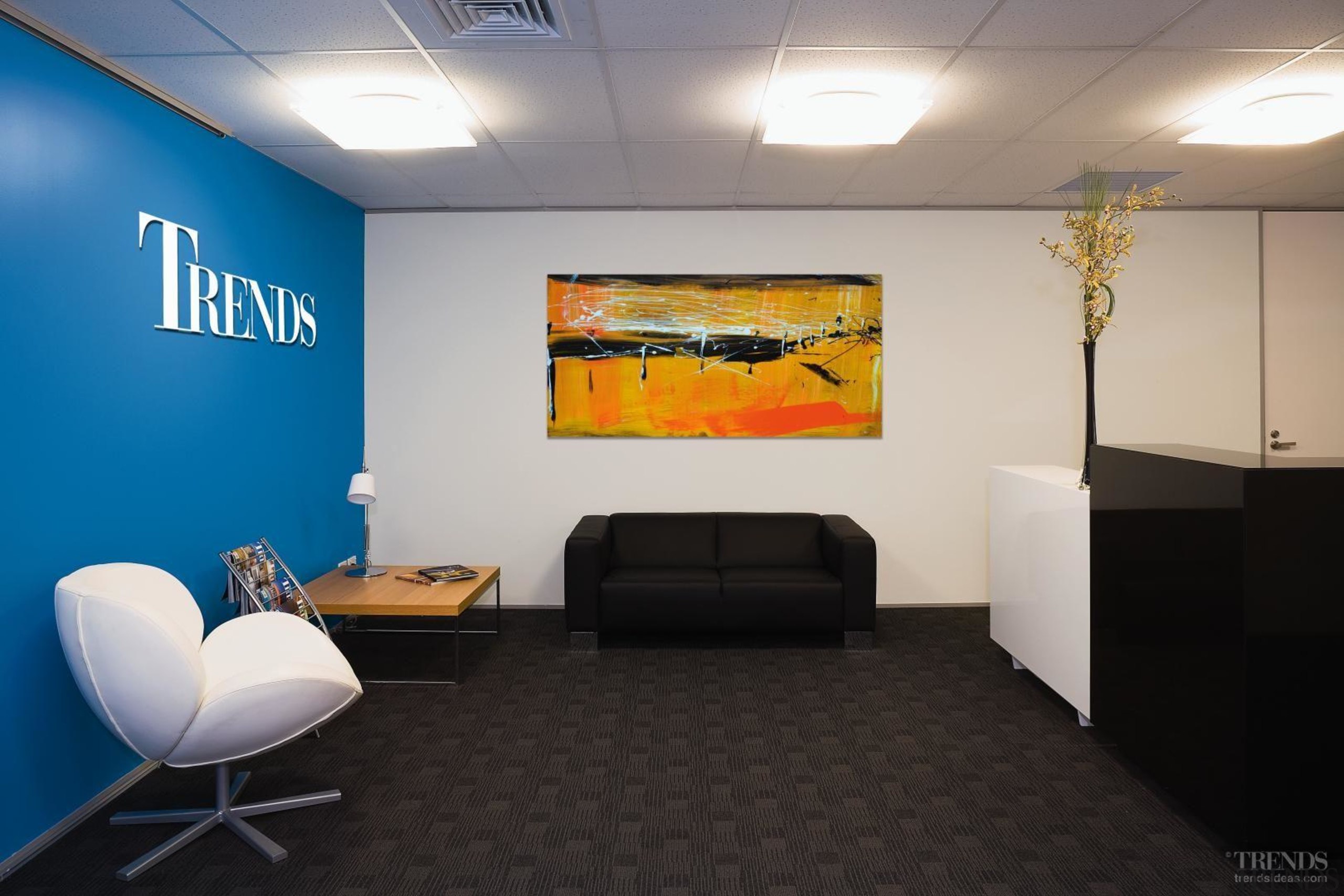 Top The reception in the Trends Centre is ceiling, conference hall, interior design, office, wall, gray, black