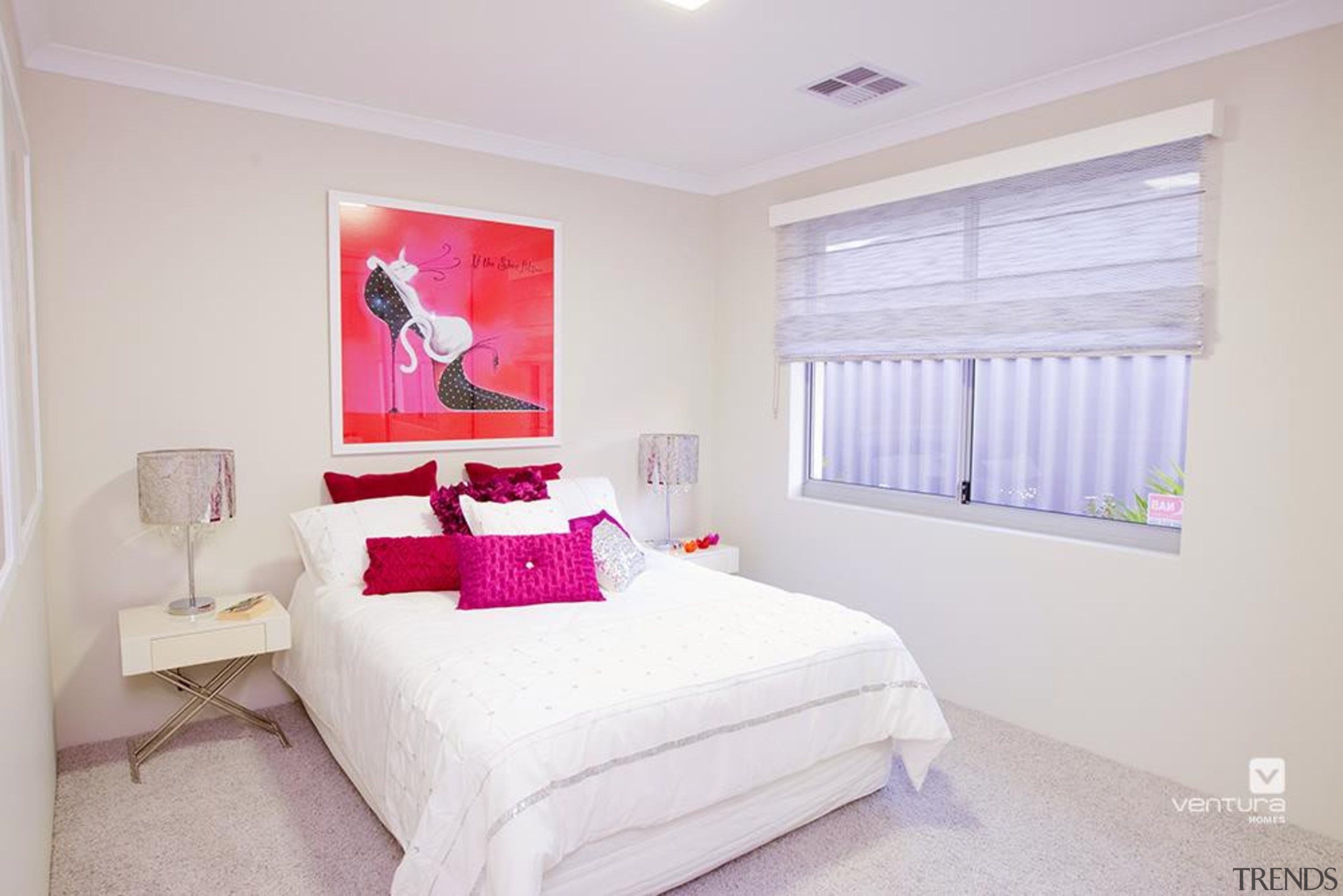 Bedroom design. - The Odyssey Display Home - bed frame, bedroom, ceiling, home, interior design, pink, property, real estate, room, wall, window covering, gray, white