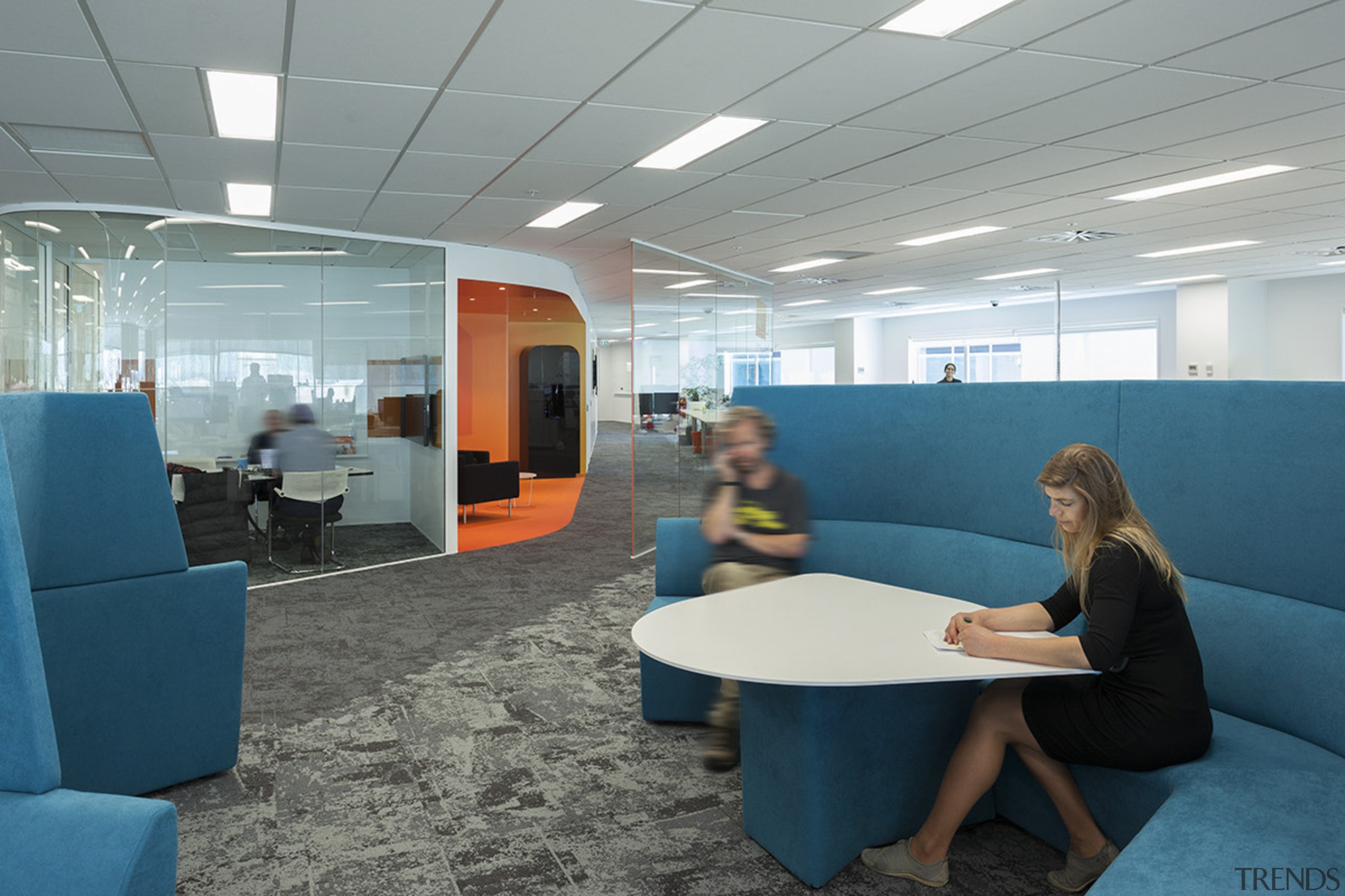 Casual breakout spaces in the Z Energy fit-out institution, interior design, office, gray, teal