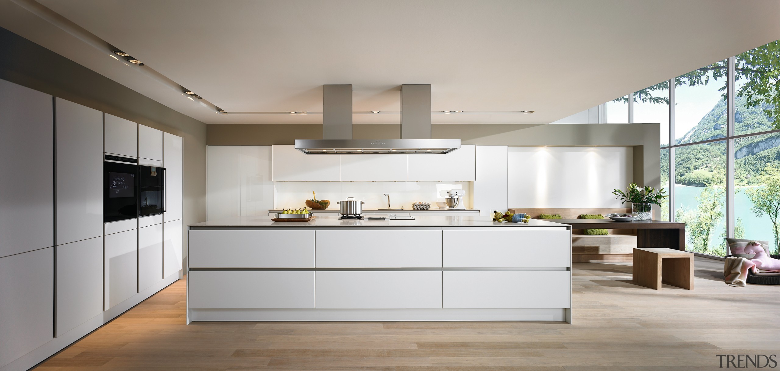 View of kitchen which features square stainless steel architecture, cabinetry, countertop, cuisine classique, floor, interior design, interior designer, kitchen, gray