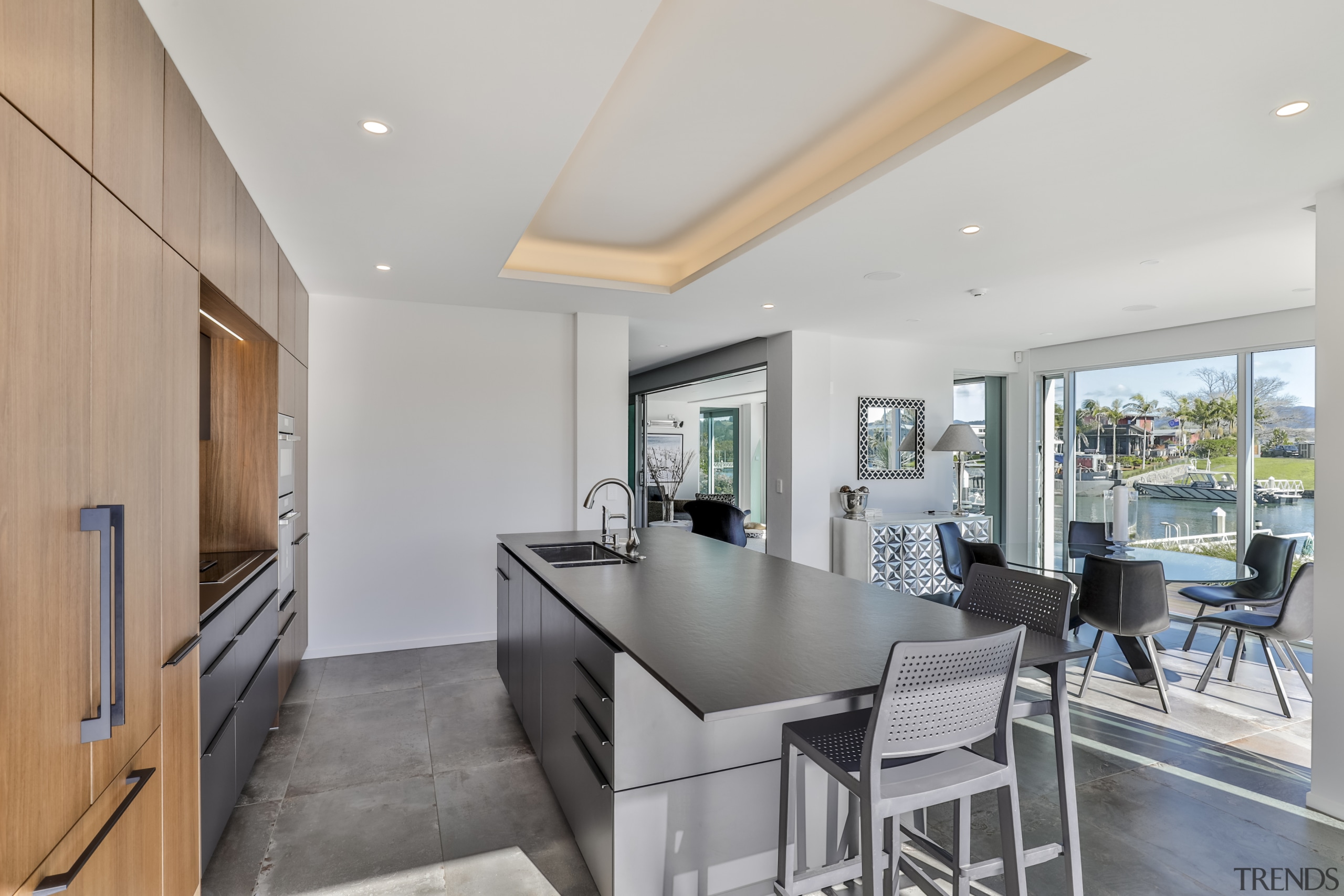 The benchtop overhang creates a handy breakfast bar. 