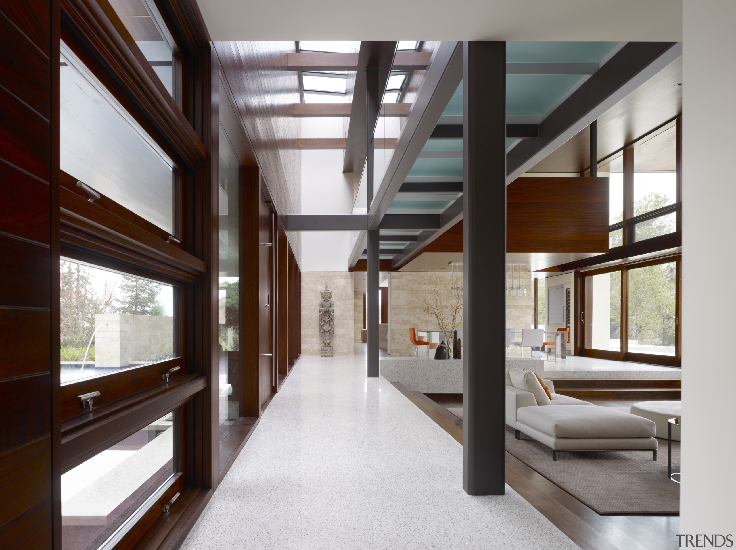 View of the hallway and living areas. - architecture, daylighting, house, interior design, lobby, gray