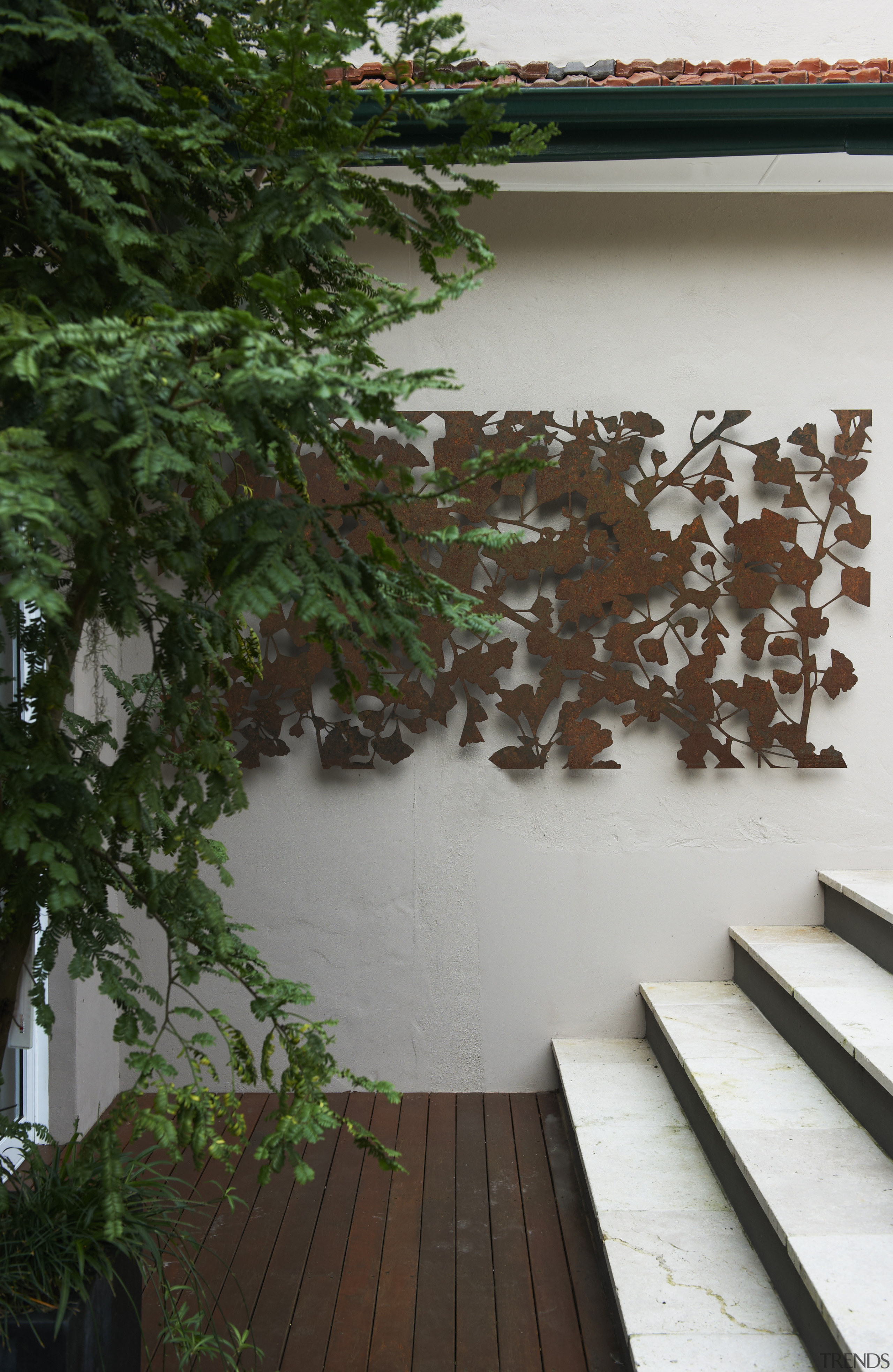 Contemporary outdoor entertaining area - Contemporary outdoor entertaining courtyard, flora, flower, house, houseplant, leaf, plant, tree, wall, wood, gray