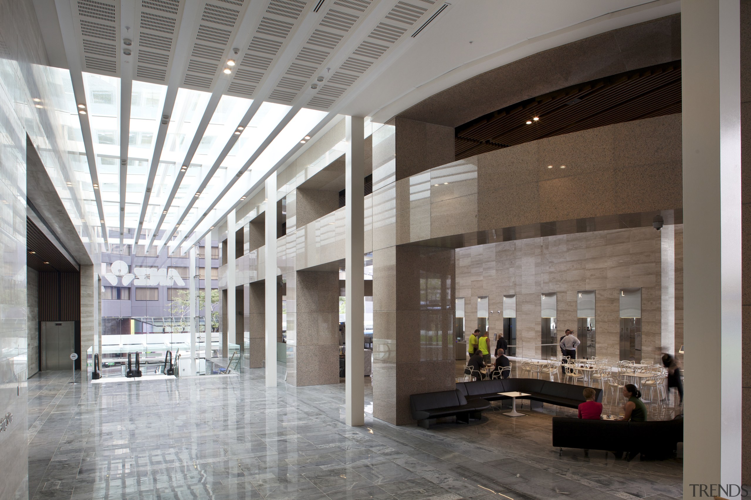 In the refurbishment of the ANZ Centre in ceiling, daylighting, interior design, lobby, gray