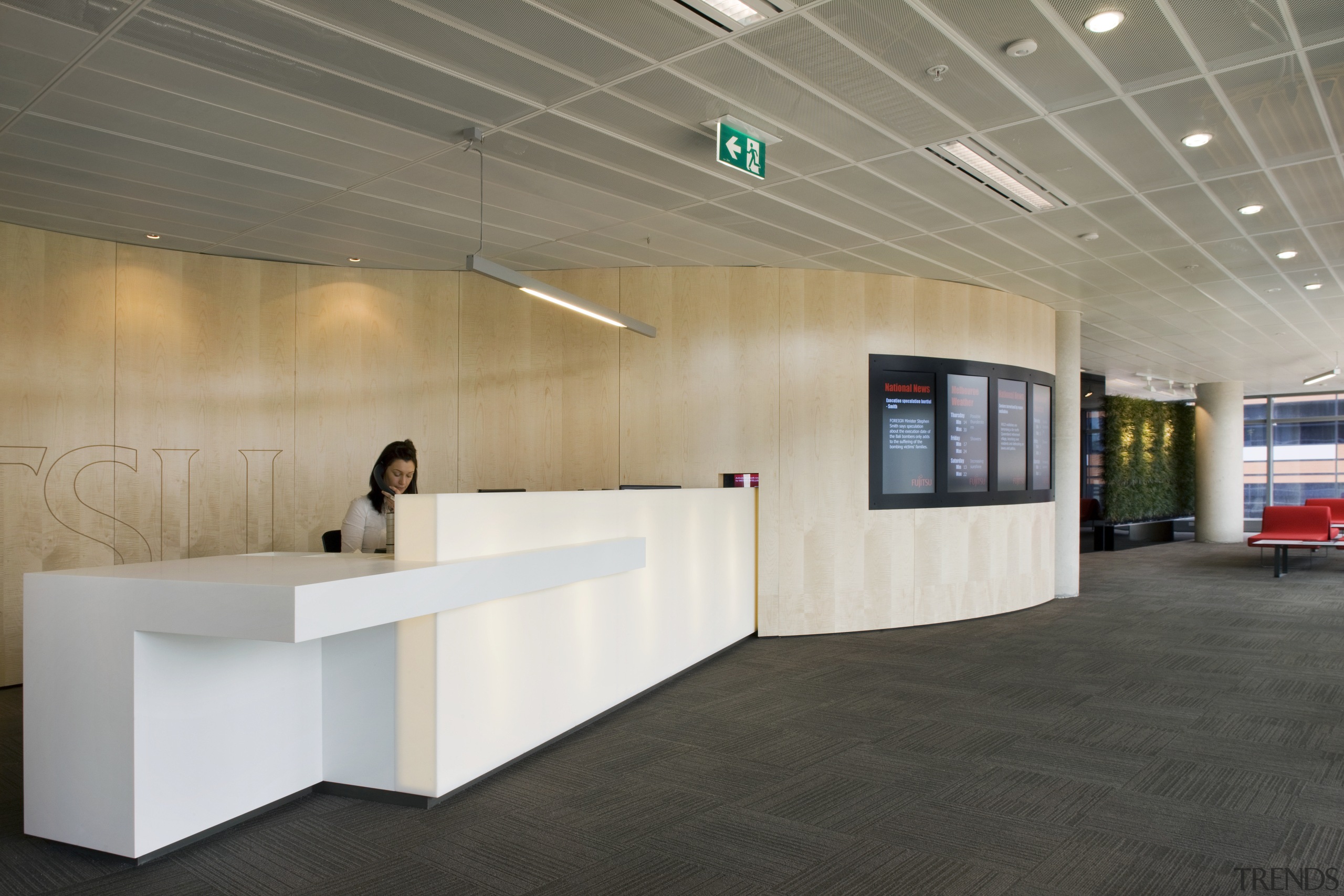 View of reception area with red custom seating, ceiling, floor, flooring, furniture, interior design, lobby, product design, gray