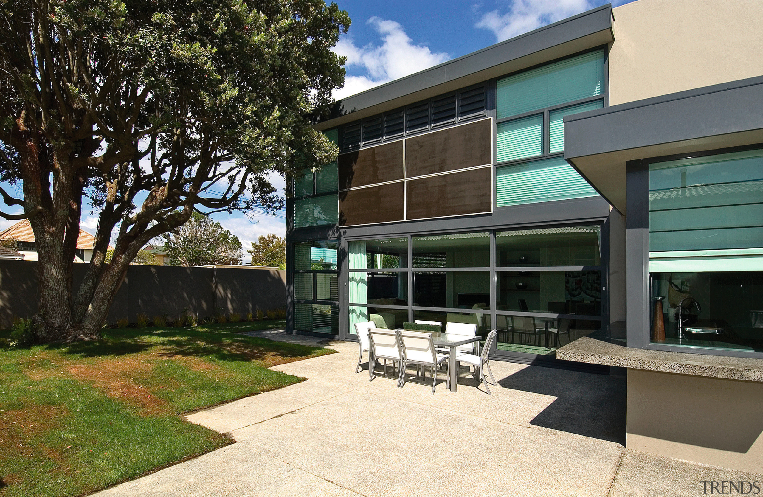 Outdoor area of two storey town house, with architecture, courtyard, estate, facade, home, house, property, real estate, residential area, window, black