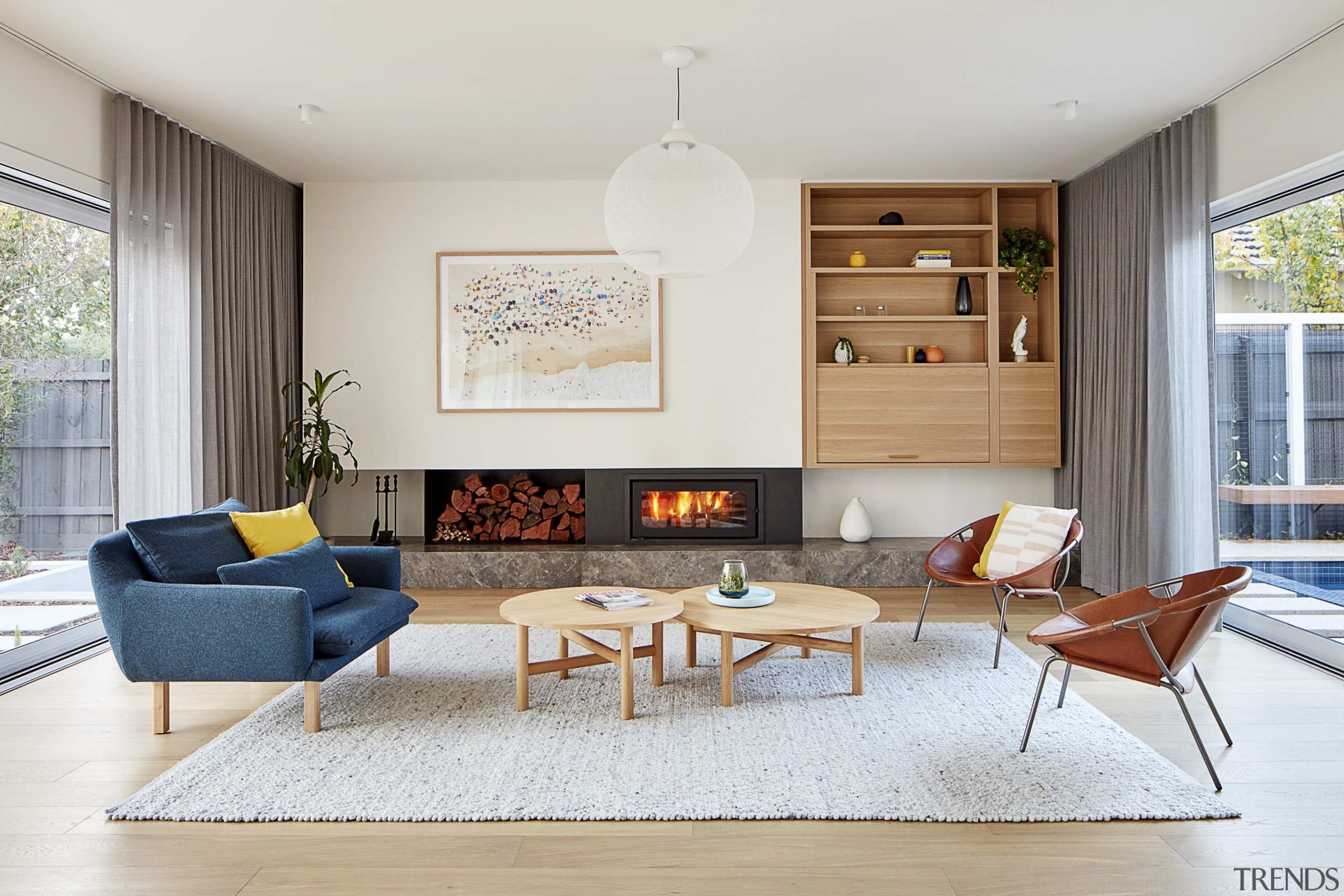 Sandwiched between outdoor entertainment areas, the lounge has furniture, house, interior design, living room, room, table, gray, white