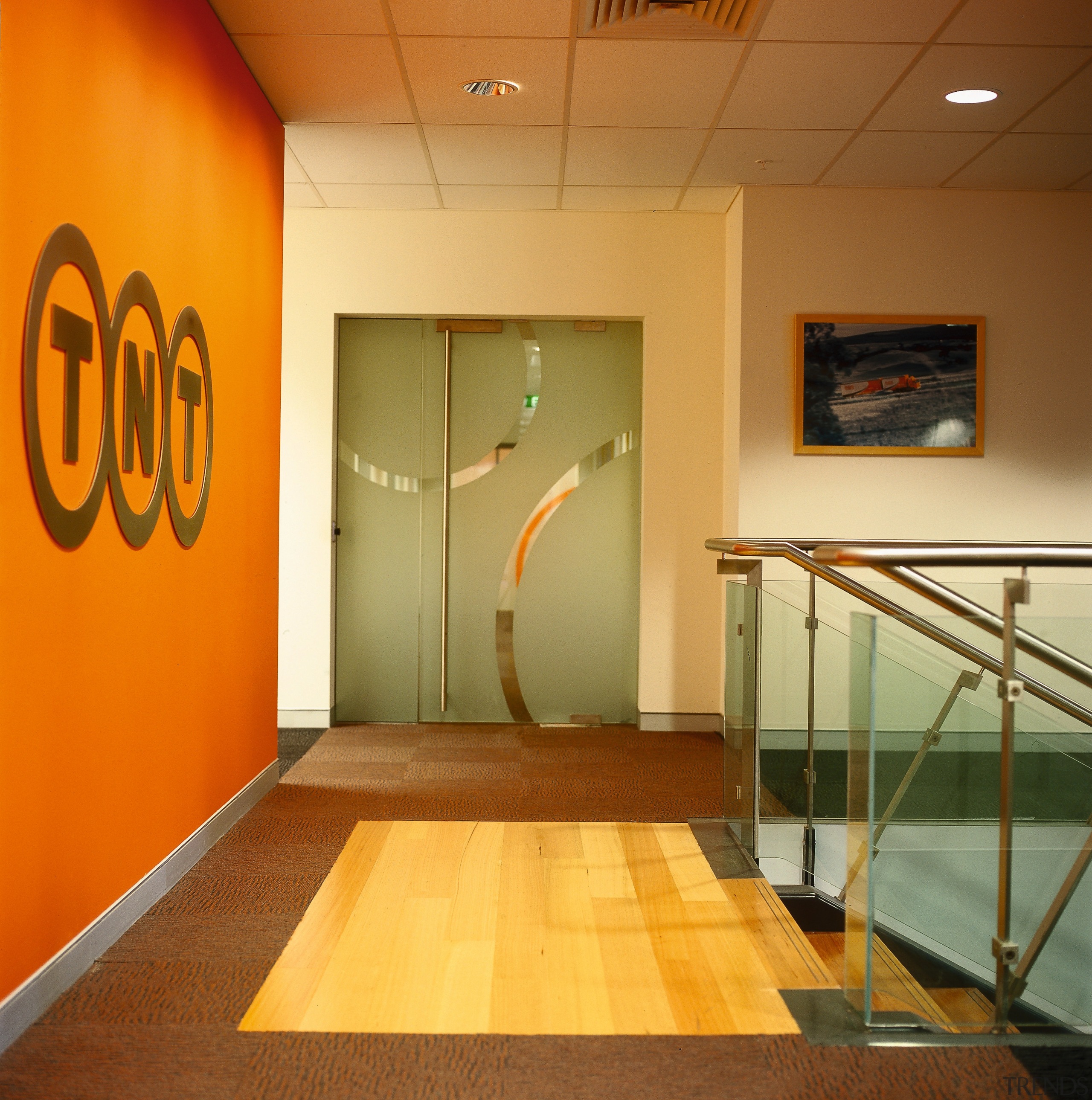 View of a glass door at the end ceiling, floor, flooring, glass, interior design, wall, orange, brown