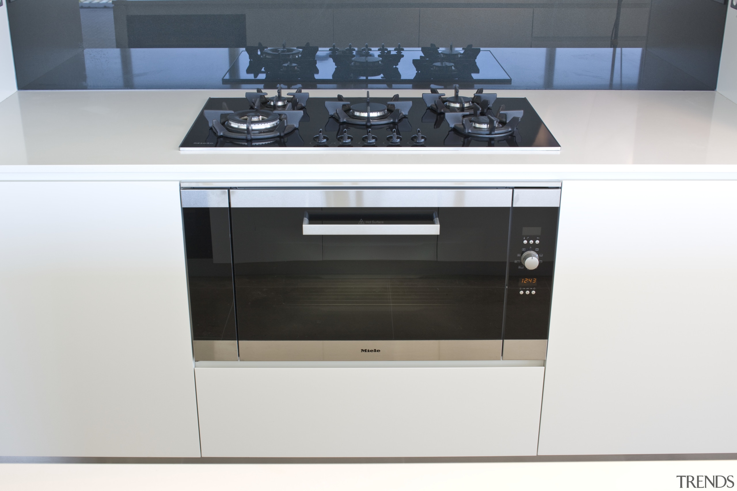 View of multifunction oven and matching gas cooktop countertop, gas stove, home appliance, kitchen, kitchen appliance, kitchen stove, major appliance, product design, small appliance, white