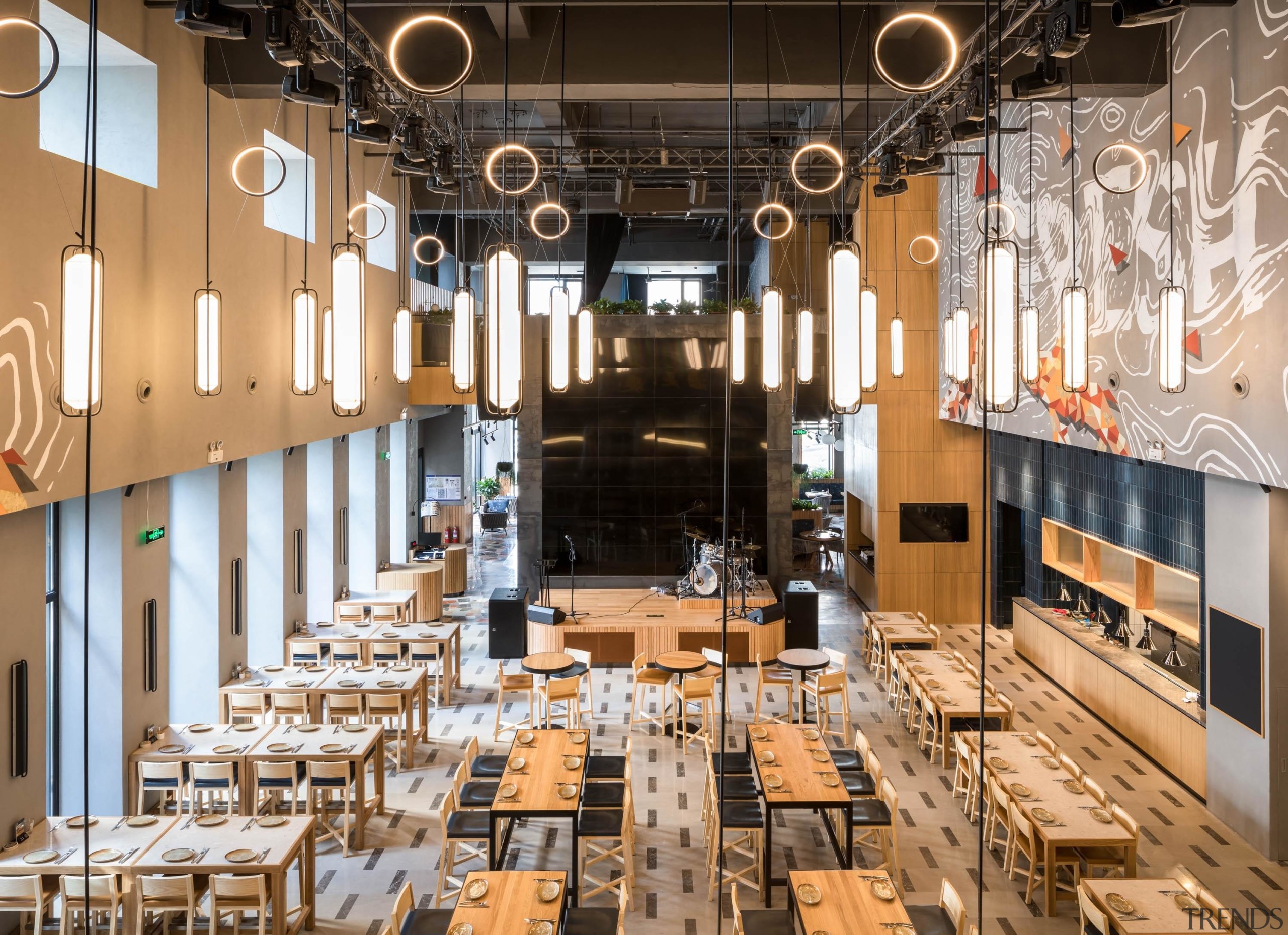 The grand beer hall viewed from on high. building, interior design