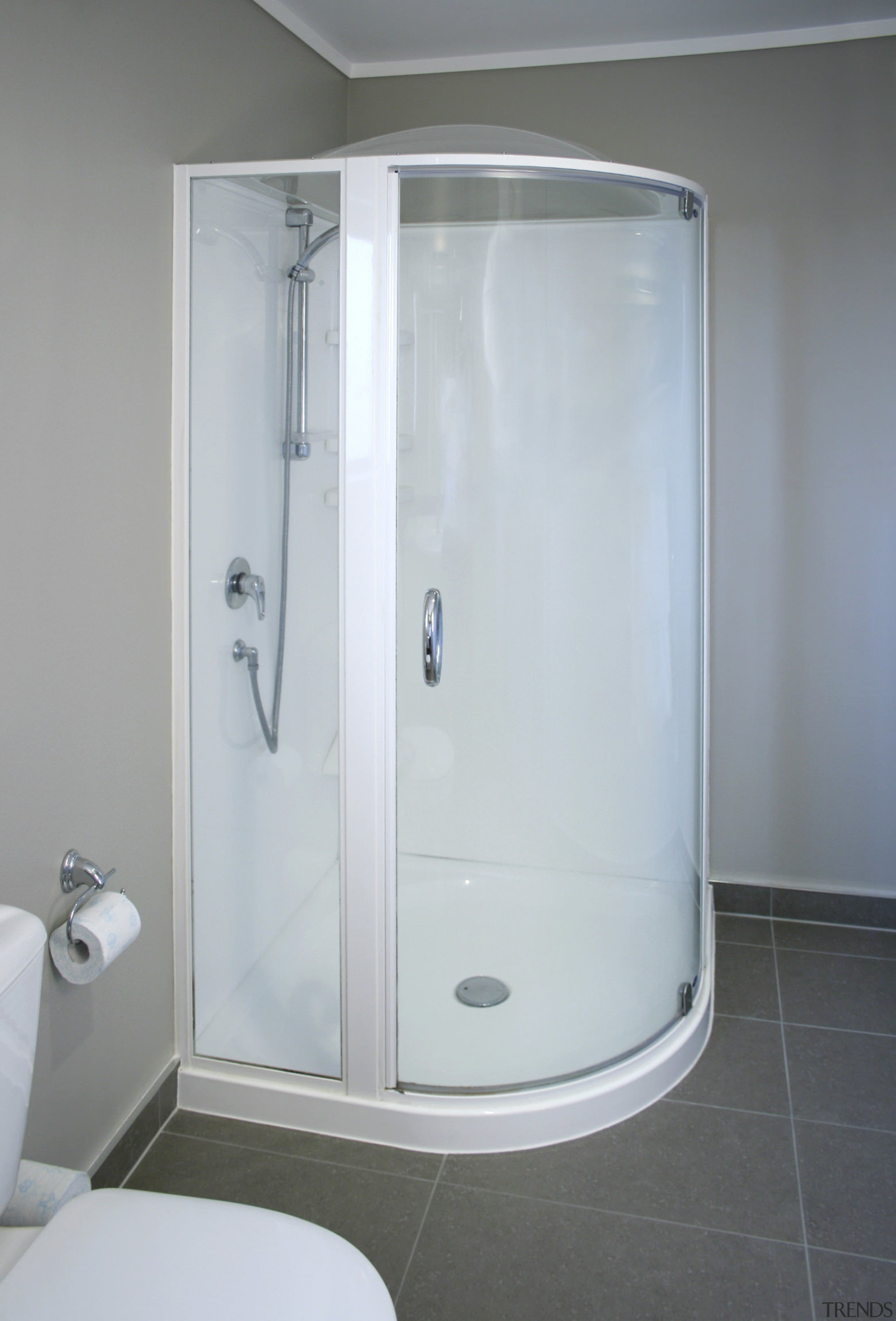 This shower unit was designed by Showerdome. - angle, bathroom, plumbing fixture, product design, shower, gray