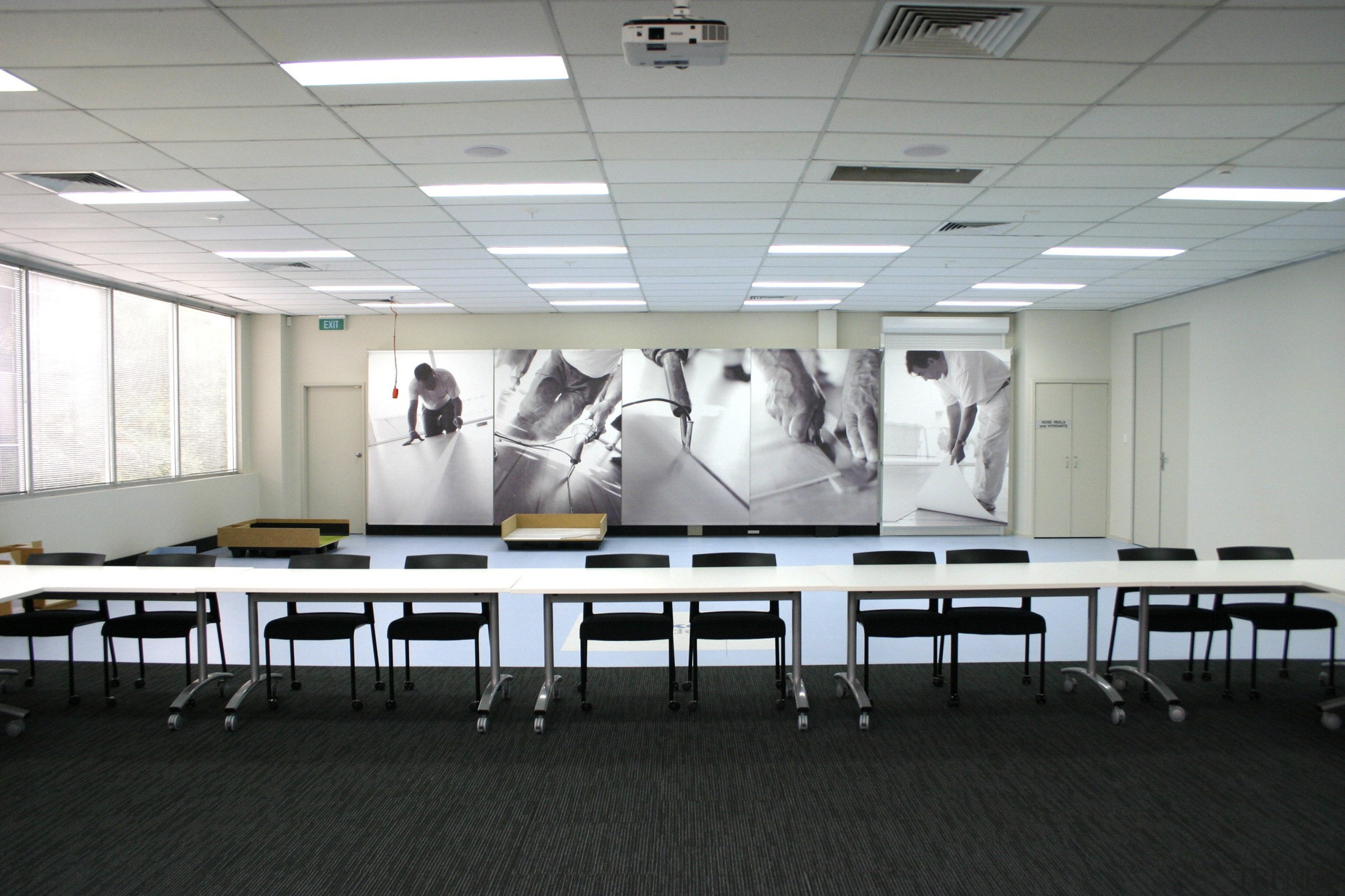 View of the Tarkett Academy - View of classroom, conference hall, institution, room, gray, black