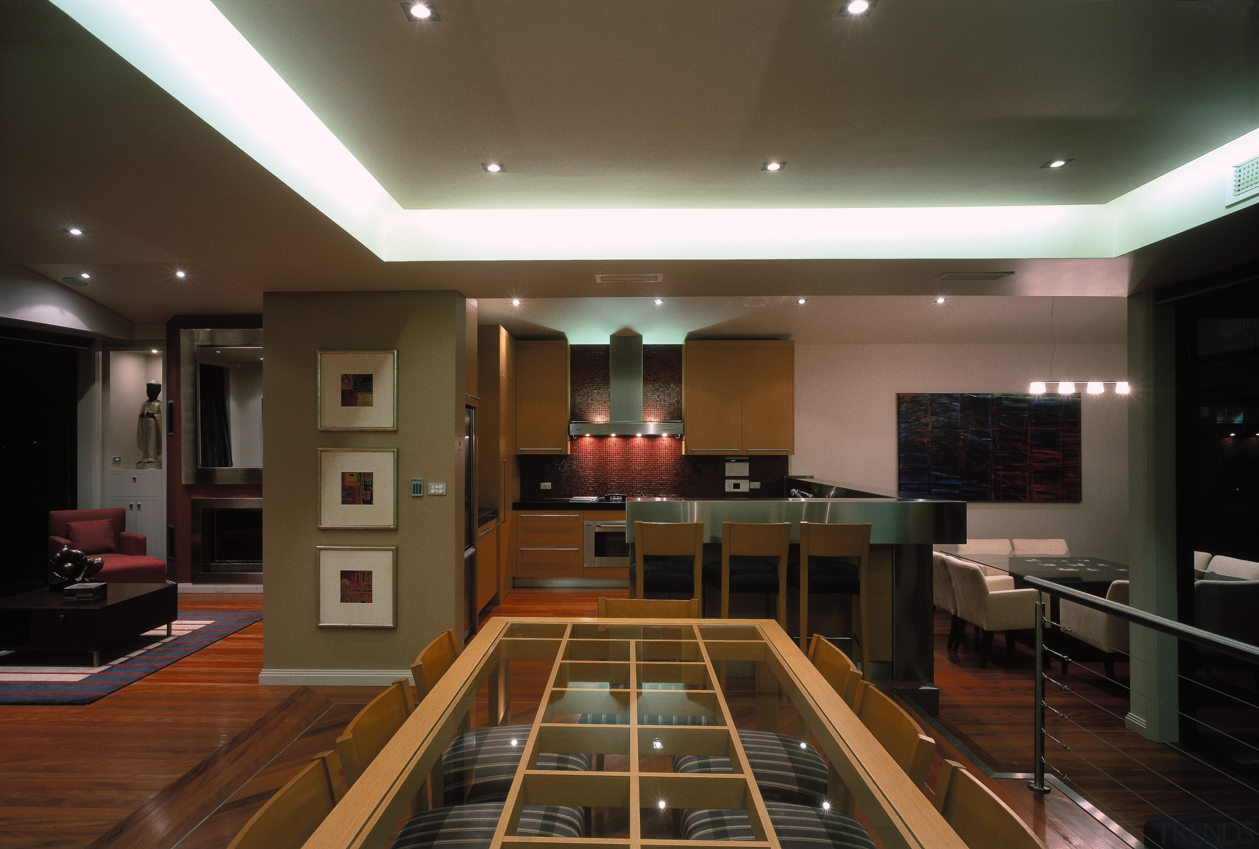 A view of the dining area with stainless ceiling, interior design, lighting, real estate, recreation room, room, brown, black