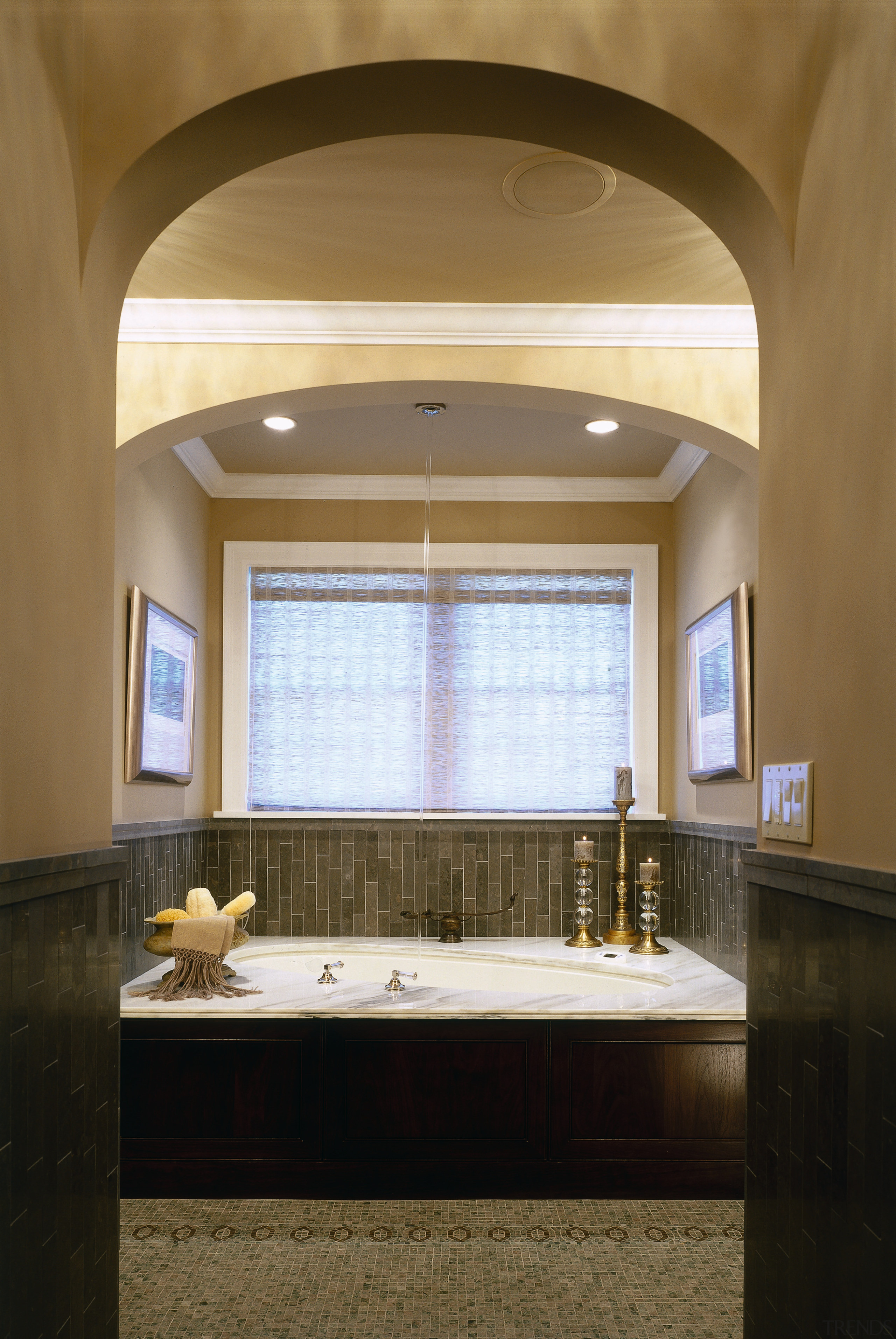 A view of the bathroom, tiled floor and architecture, bathroom, ceiling, daylighting, estate, home, interior design, real estate, room, window, brown