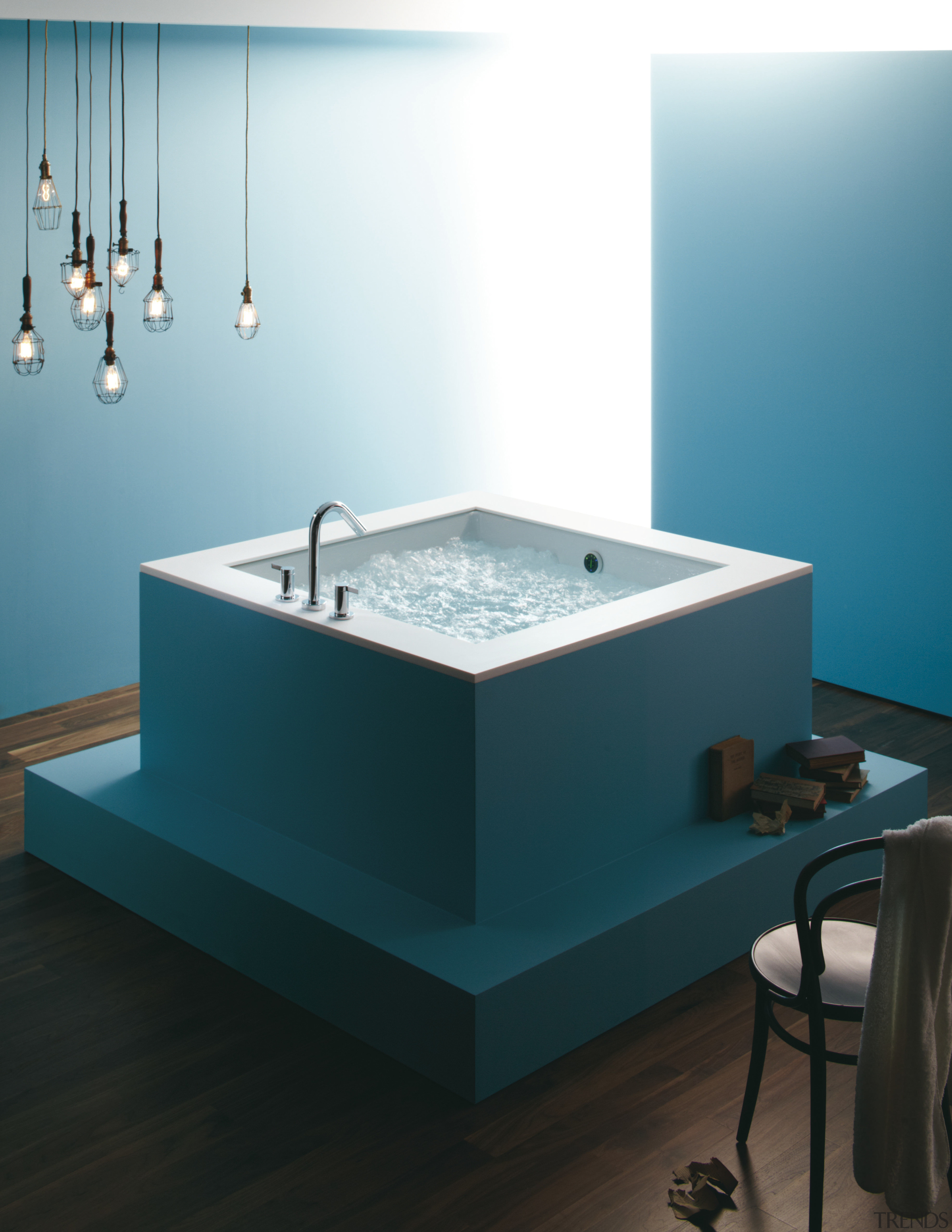 View of Kohler's white, contemporary Underscore Cube bathtub bathroom, bathroom sink, bathtub, plumbing fixture, product design, sink, tap, teal, white
