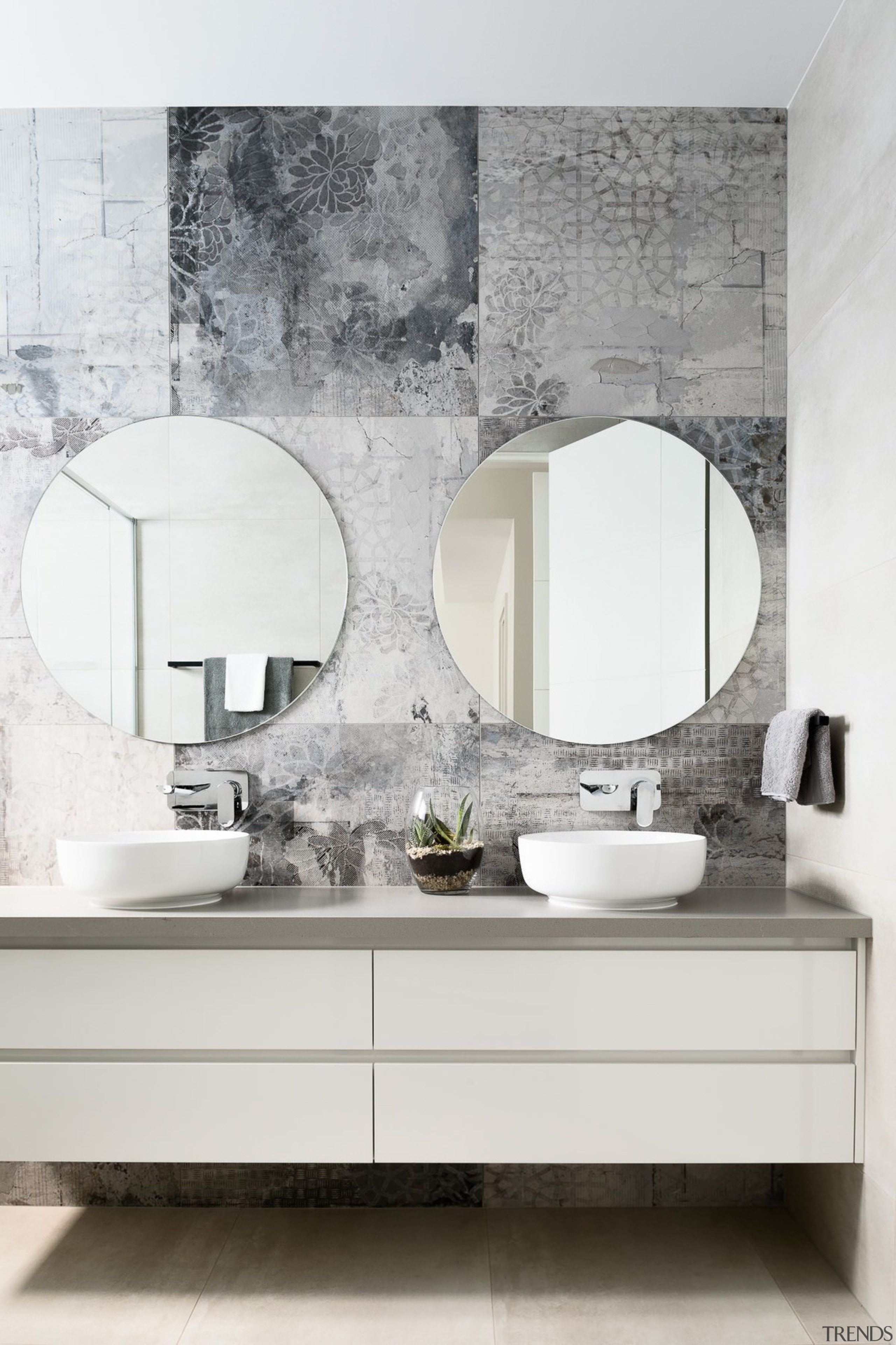 Dual circular mirrors – a studio trademark – bathroom, bathroom accessory, bathroom cabinet, bathroom sink, ceramic, floor, furniture, interior design, plumbing fixture, product design, sink, tap, tile, wall, white