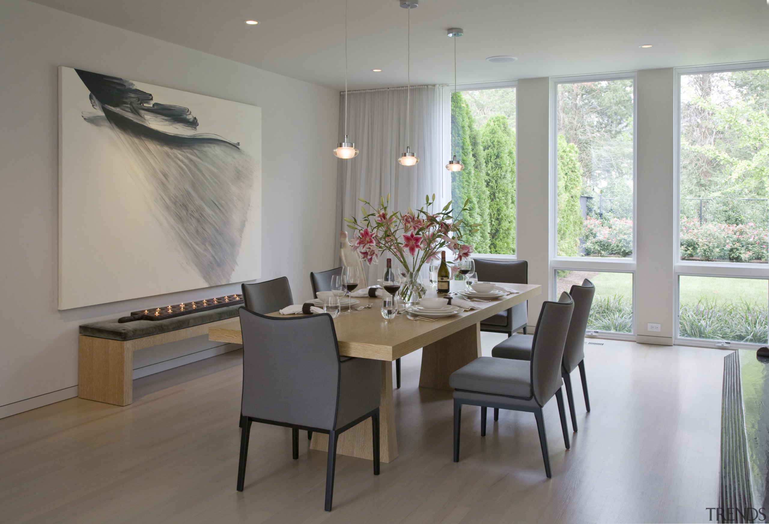 Interior view of the dining area - Interior ceiling, dining room, floor, flooring, furniture, interior design, living room, real estate, room, table, window, gray