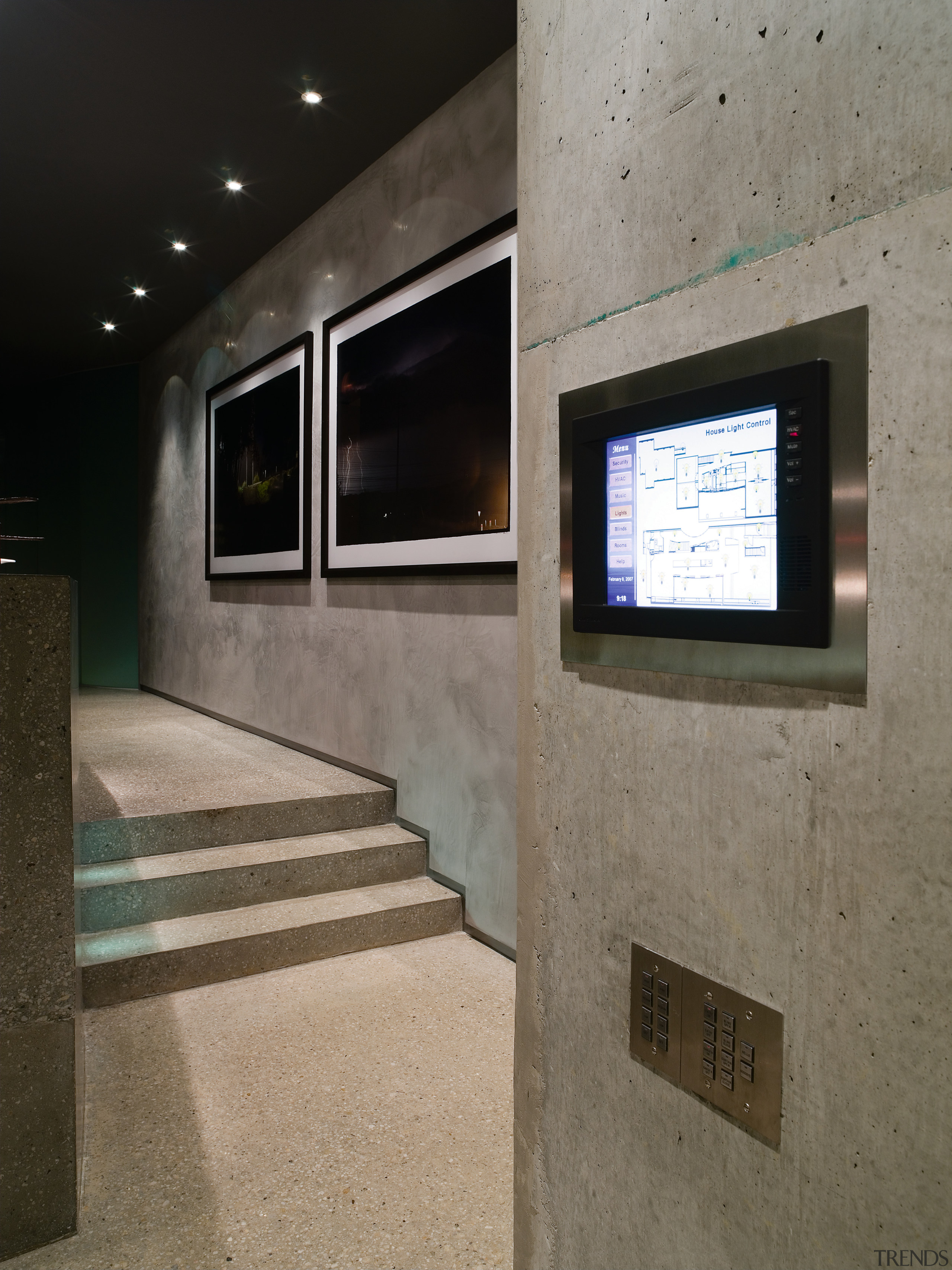 A view of a touch screen, grey walls, architecture, gray, black