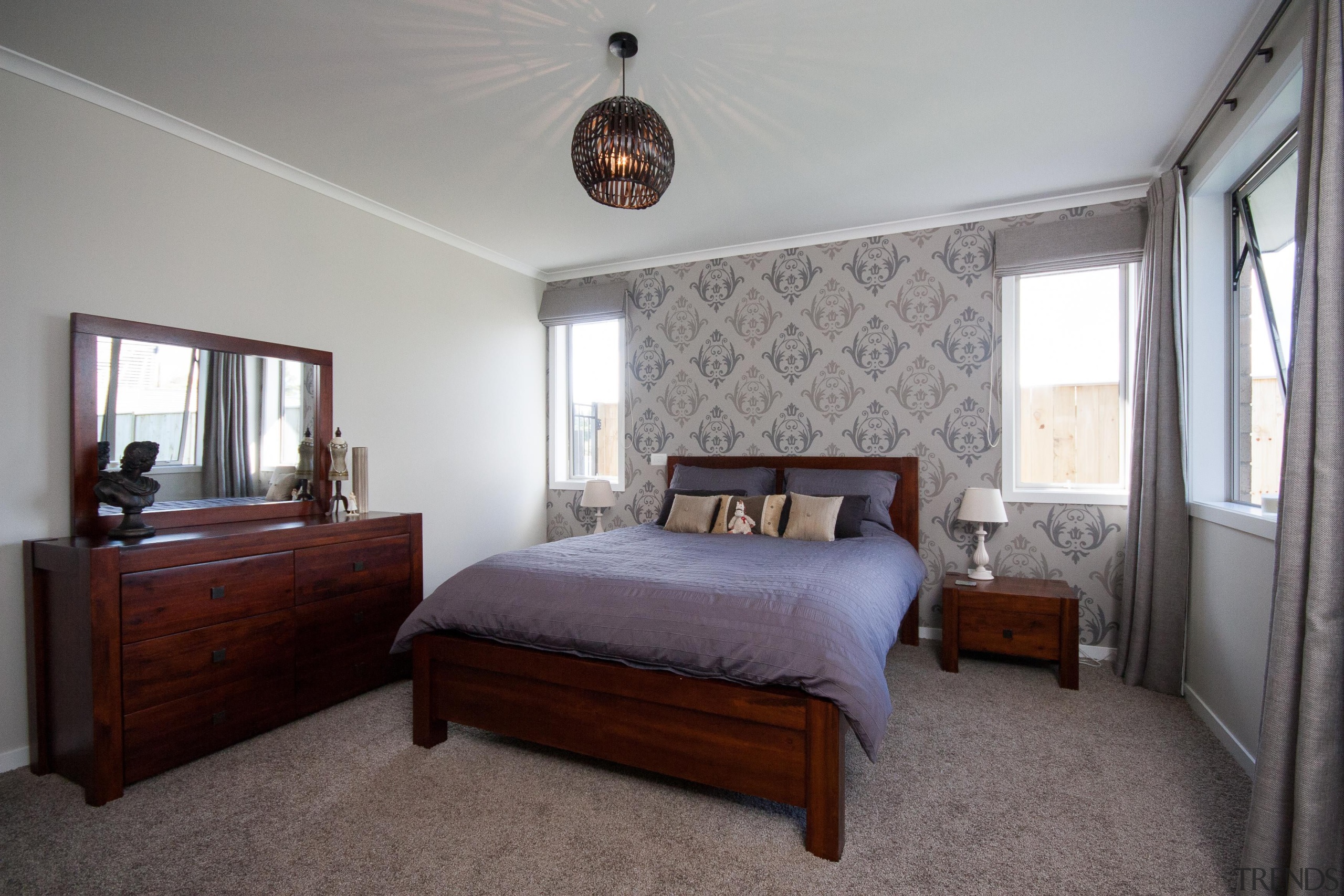 Feature wall accentuated by patterned wall paperHome by bed frame, bedroom, ceiling, estate, home, house, interior design, property, real estate, room, window, wood, gray